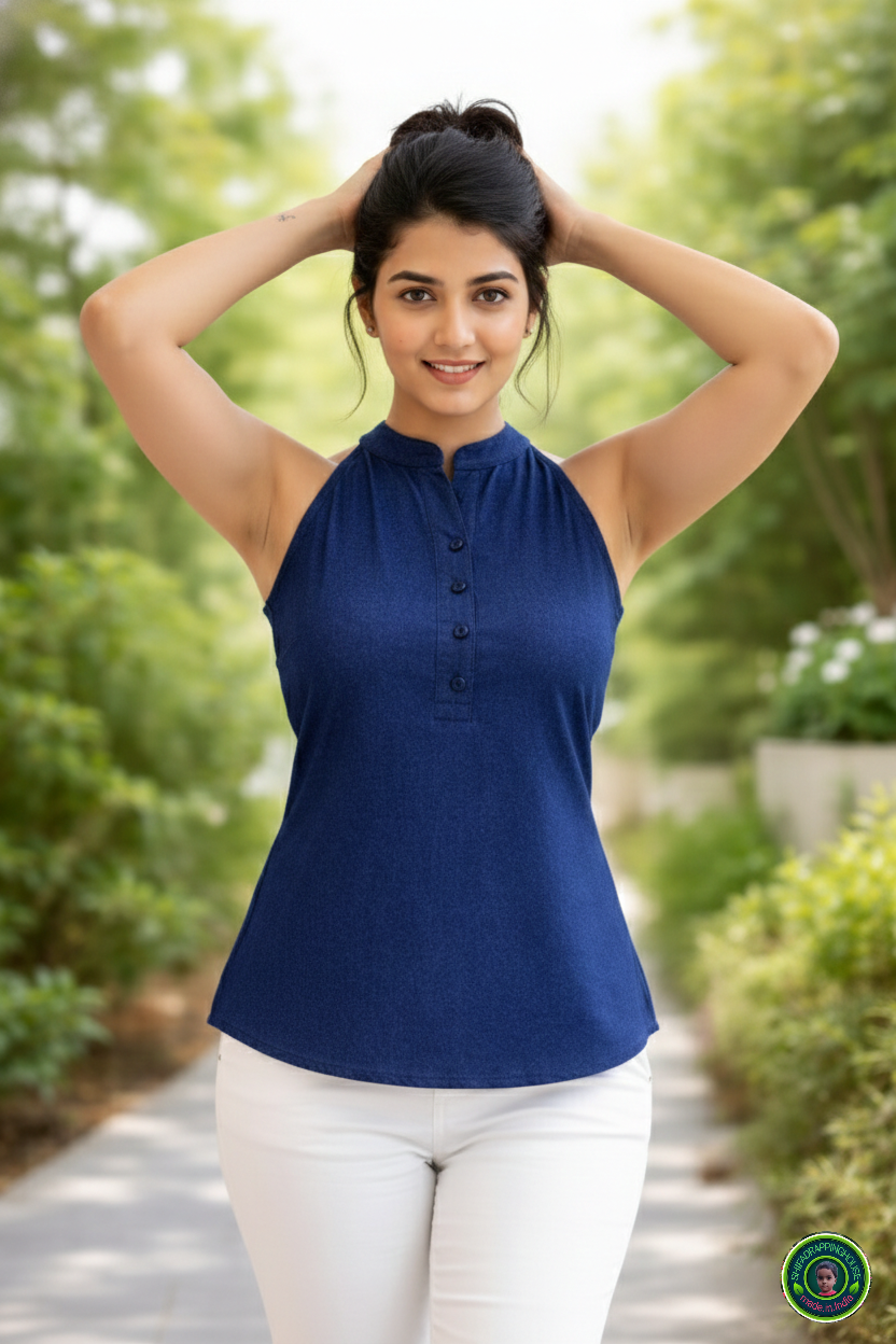 Navy Soft-Denim Halter Tunic | Alternate Mandarin Collar Sleeveless Top
