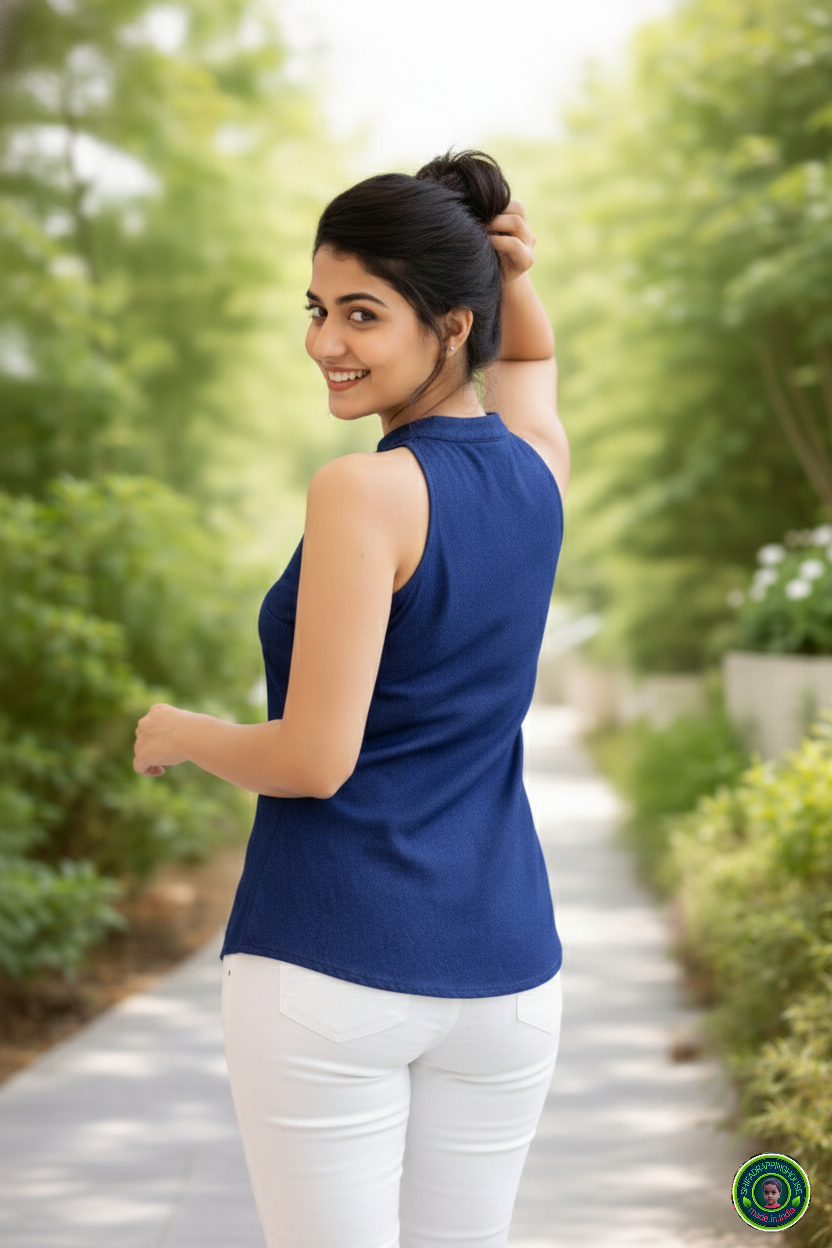 Navy Soft-Denim Halter Tunic | Alternate Mandarin Collar Sleeveless Top