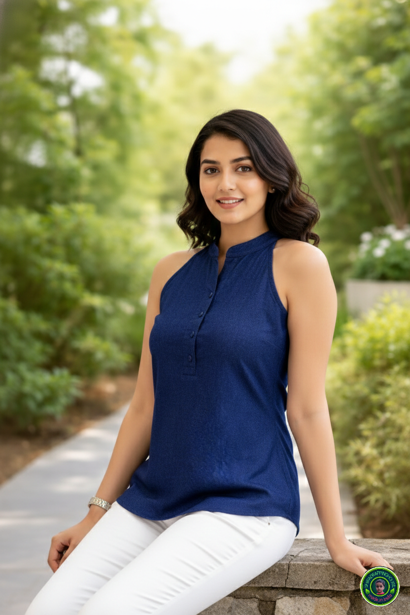 Navy Soft-Denim Halter Tunic | Alternate Mandarin Collar Sleeveless Top
