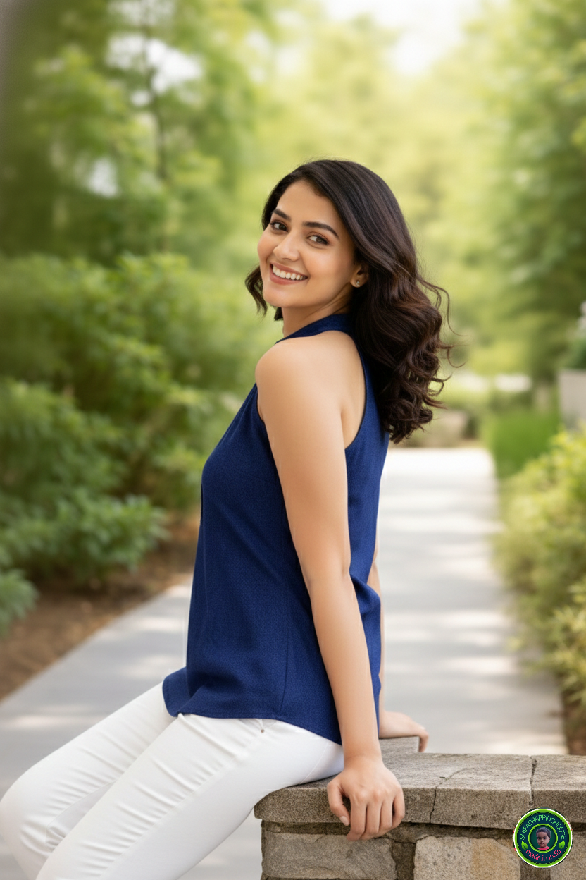 Navy Soft-Denim Halter Tunic | Alternate Mandarin Collar Sleeveless Top