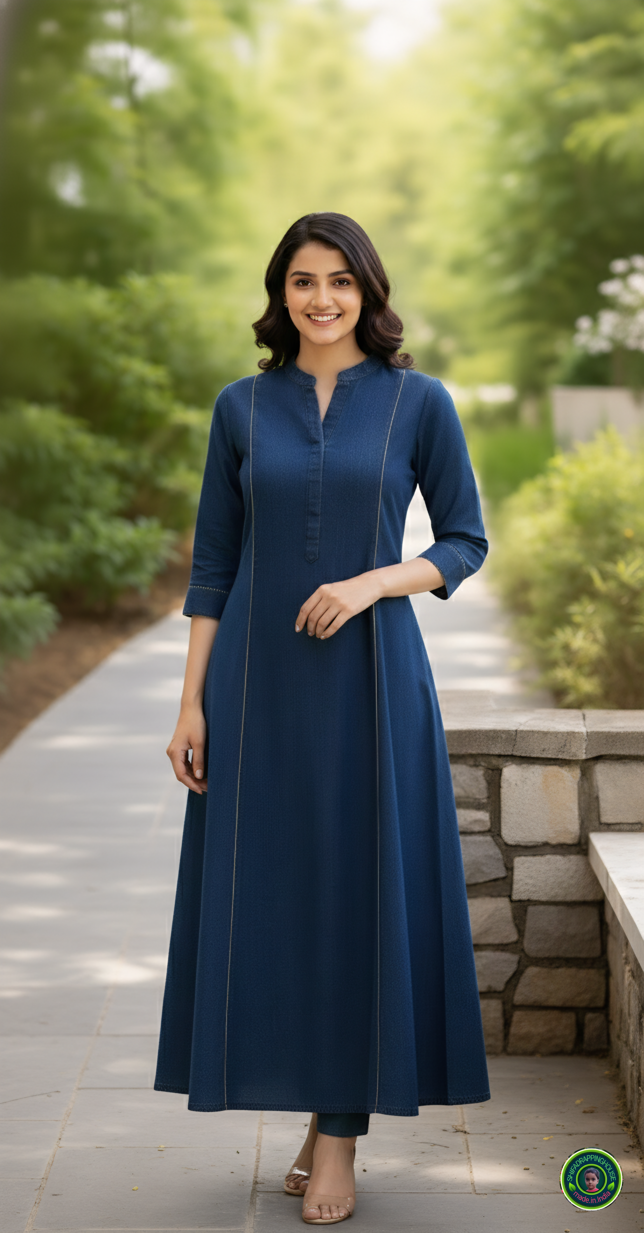 Gold-Corded Navy Soft-Denim A-Line Kurta | Luxury Princess Cut Tunic