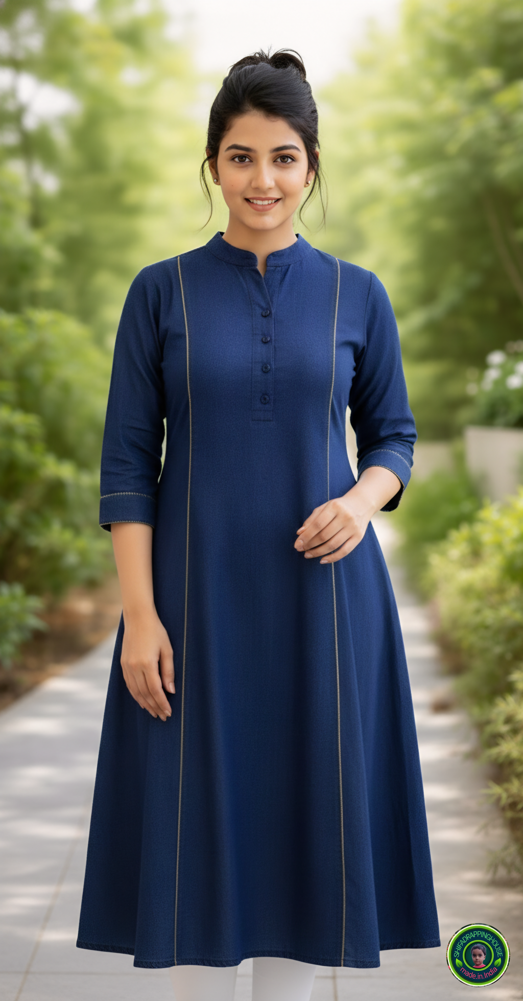 Gold-Corded Navy Soft-Denim A-Line Kurta | Luxury Princess Cut Tunic