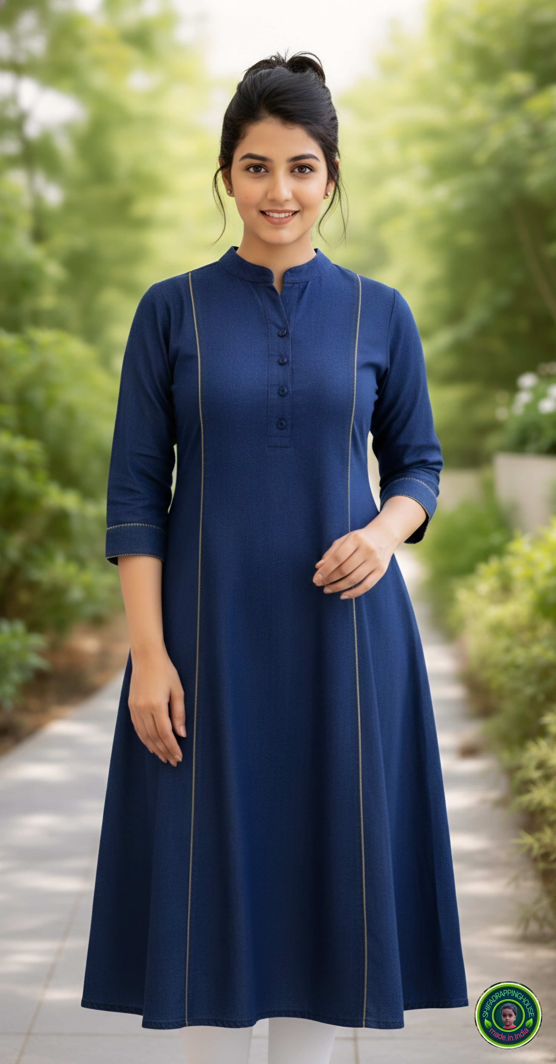 Gold-Corded Navy Soft-Denim A-Line Kurta | Luxury Princess Cut Tunic