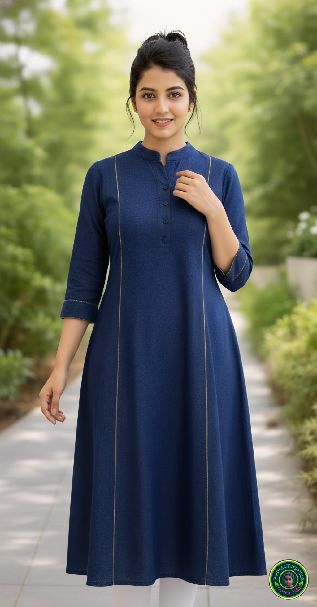 Gold-Corded Navy Soft-Denim A-Line Kurta | Luxury Princess Cut Tunic