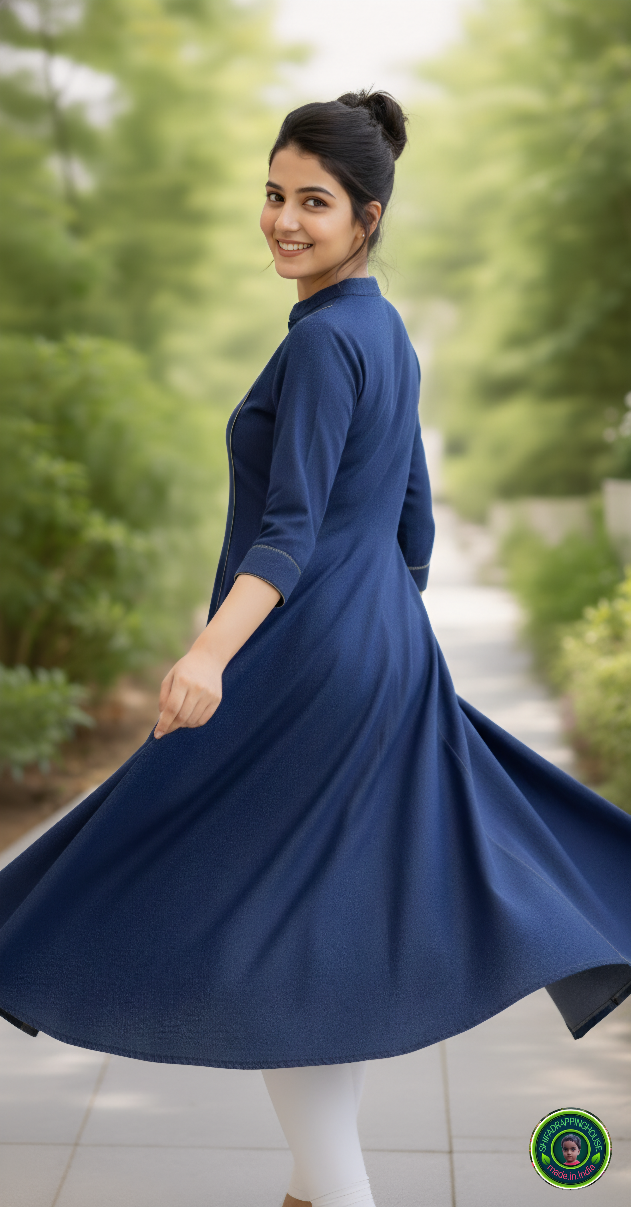 Gold-Corded Navy Soft-Denim A-Line Kurta | Luxury Princess Cut Tunic