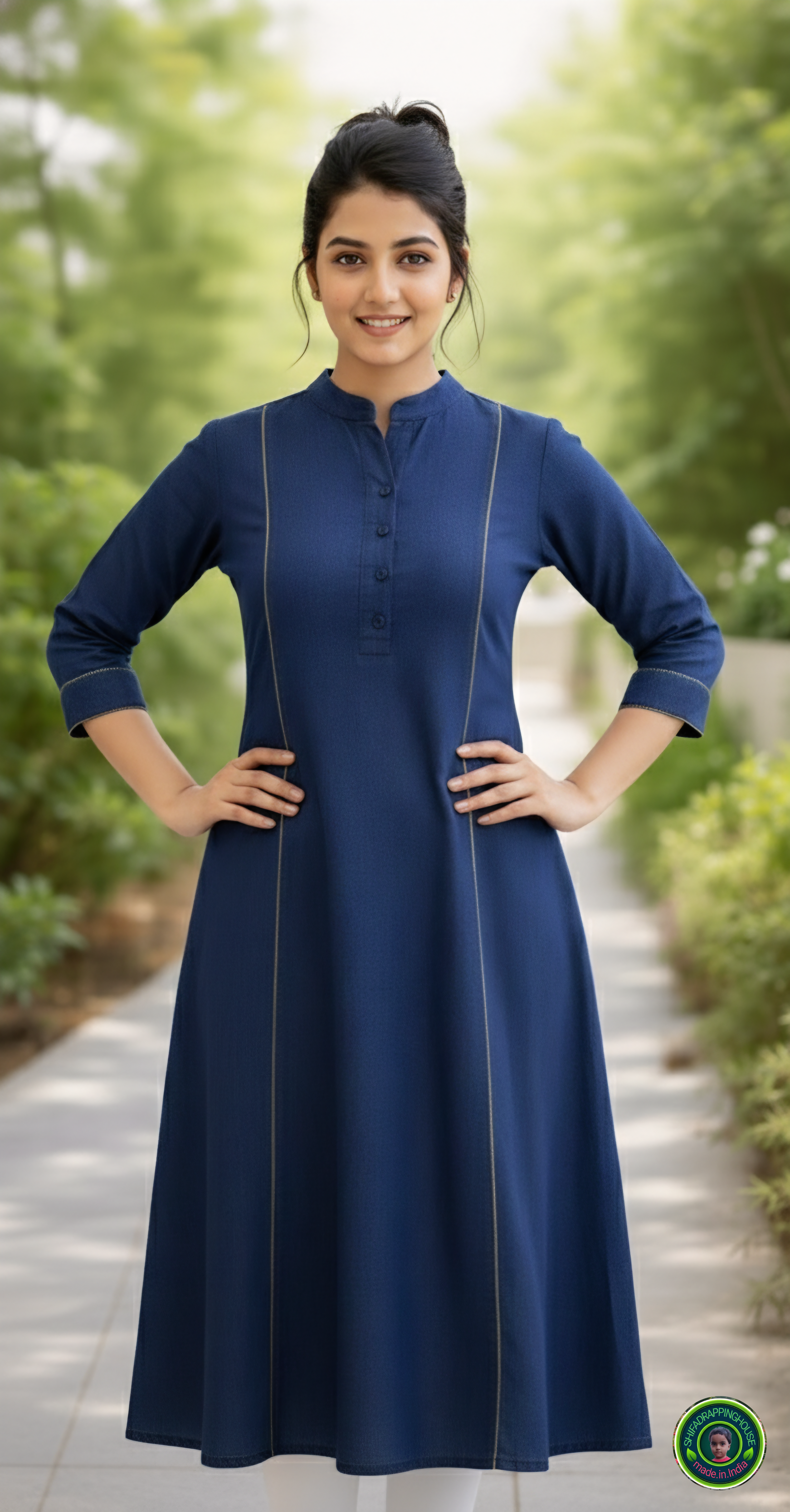 Gold-Corded Navy Soft-Denim A-Line Kurta | Luxury Princess Cut Tunic