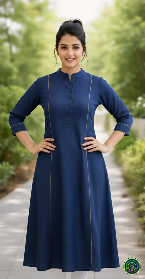 Gold-Corded Navy Soft-Denim A-Line Kurta | Luxury Princess Cut Tunic