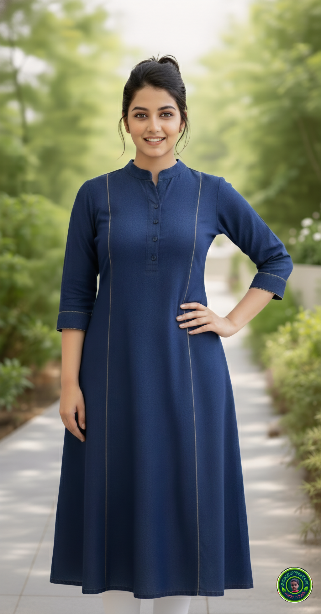 Gold-Corded Navy Soft-Denim A-Line Kurta | Luxury Princess Cut Tunic