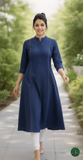 Gold-Corded Navy Soft-Denim A-Line Kurta | Luxury Princess Cut Tunic