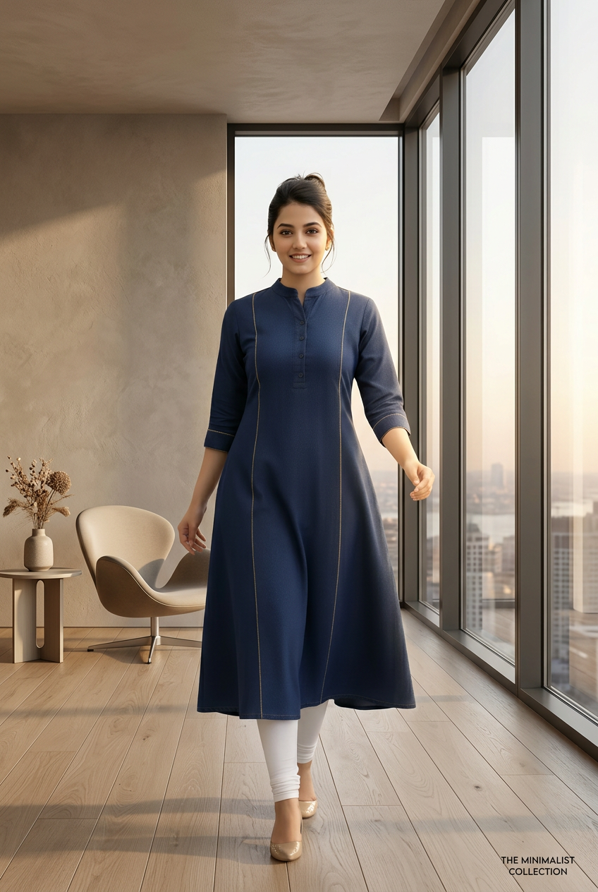 Woman in a blue dress walking outdoors with greenery in the background