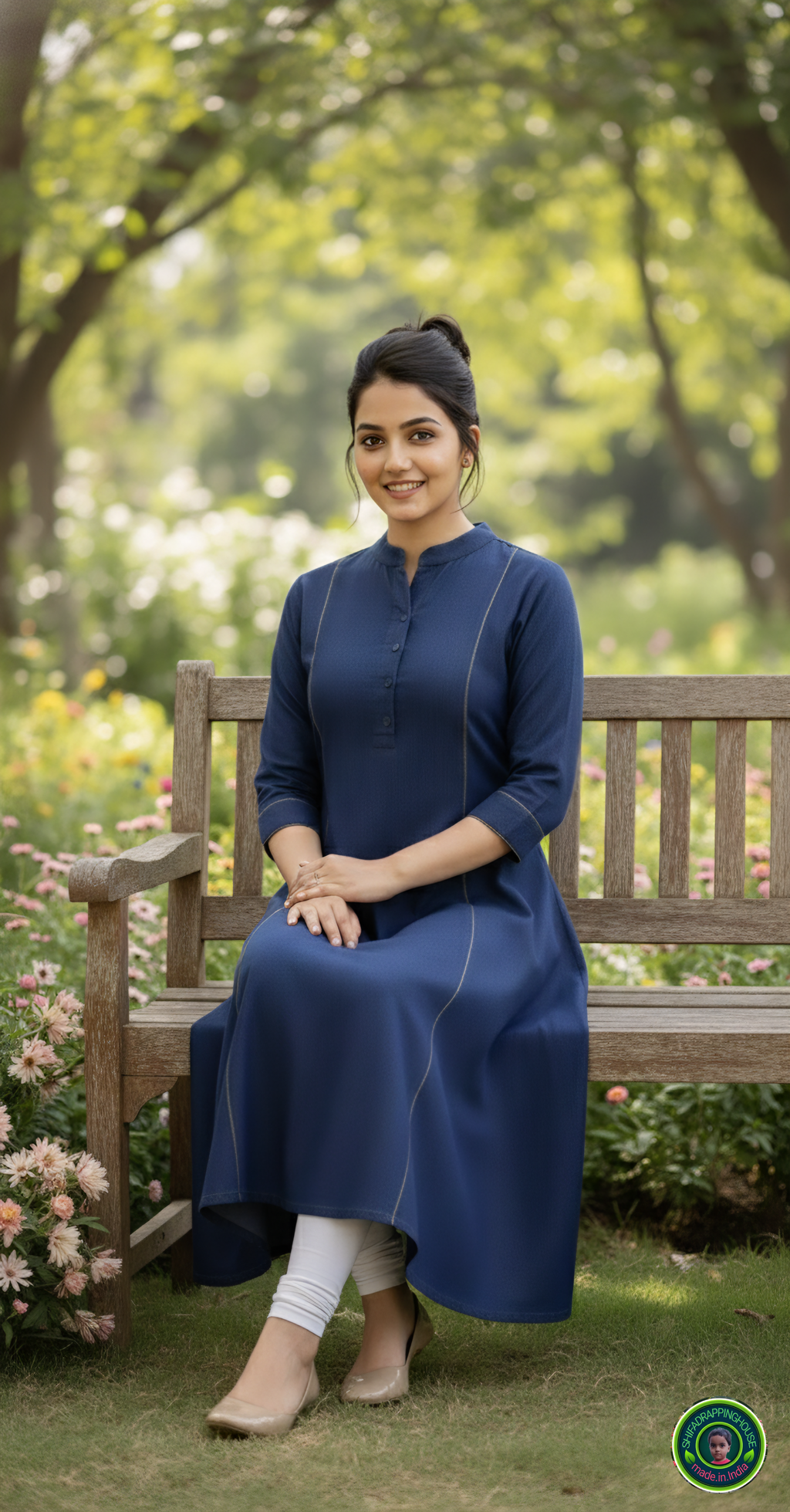 Gold-Corded Navy Soft-Denim A-Line Kurta | Luxury Princess Cut Tunic