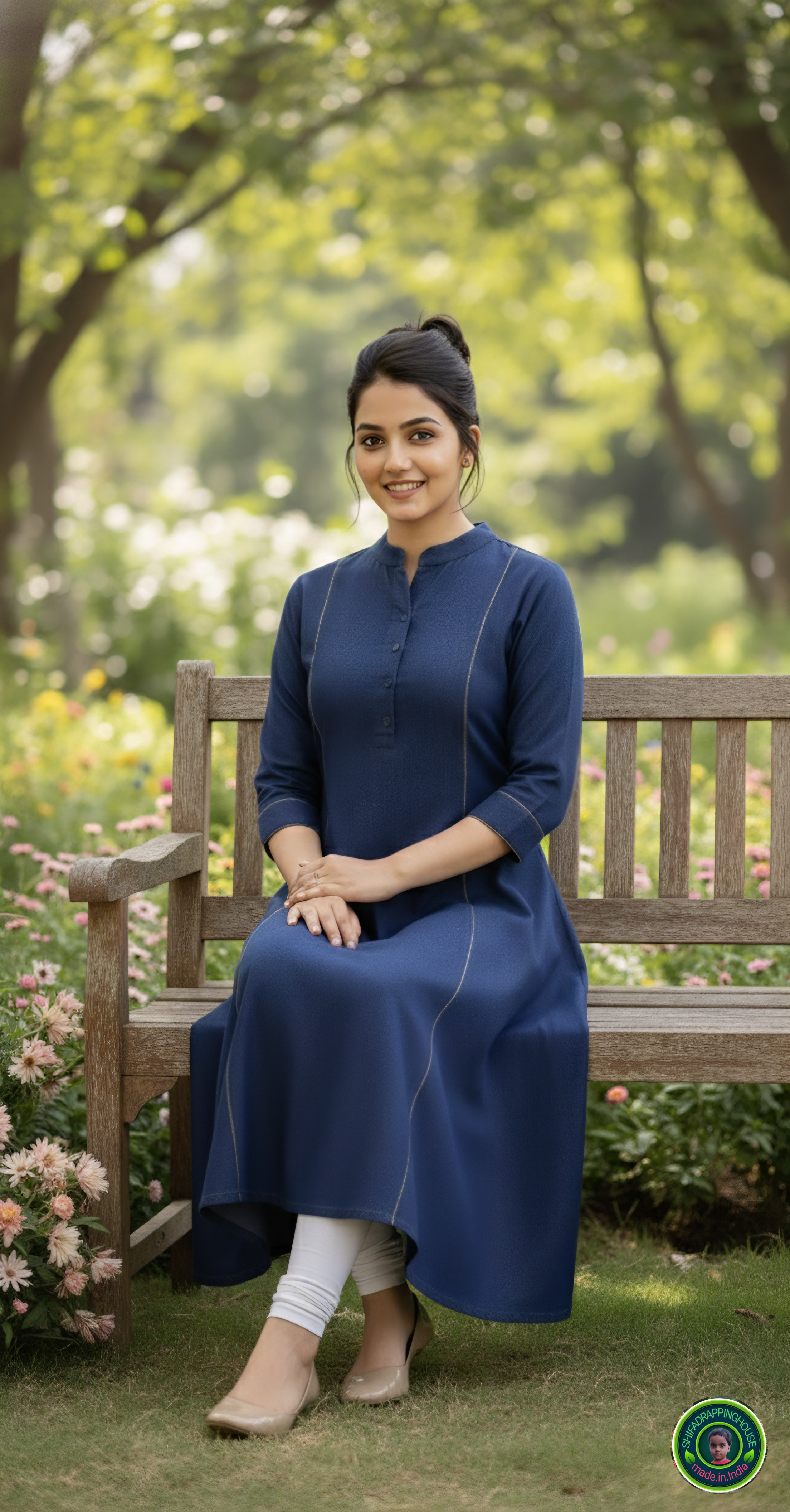 Gold-Corded Navy Soft-Denim A-Line Kurta | Luxury Princess Cut Tunic
