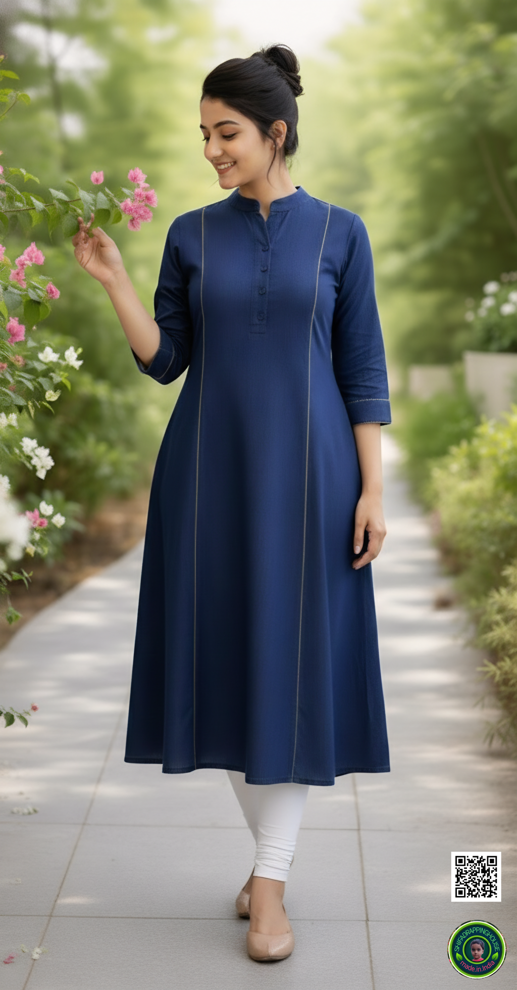 Gold-Corded Navy Soft-Denim A-Line Kurta | Luxury Princess Cut Tunic