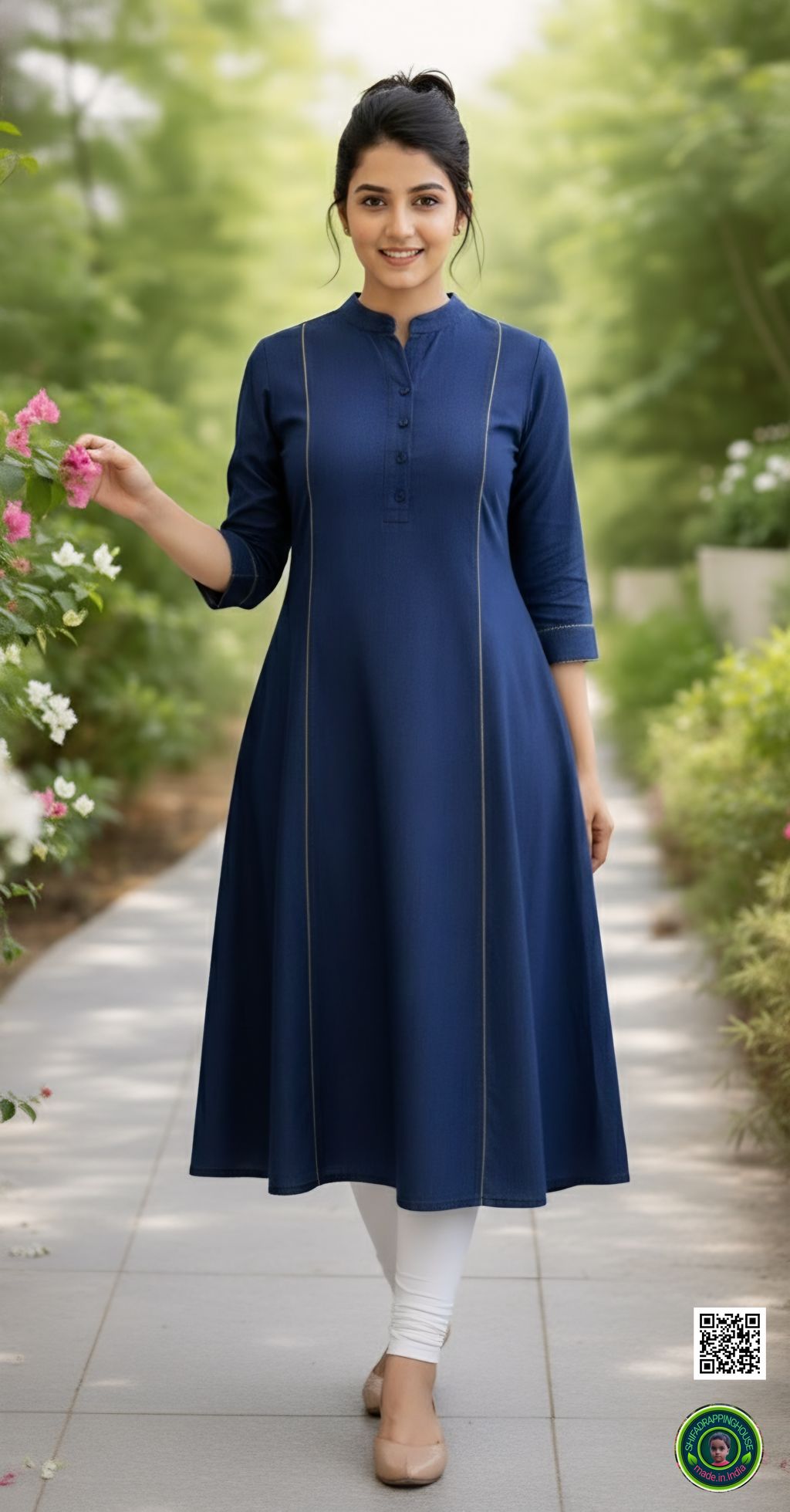 Gold-Corded Navy Soft-Denim A-Line Kurta | Luxury Princess Cut Tunic