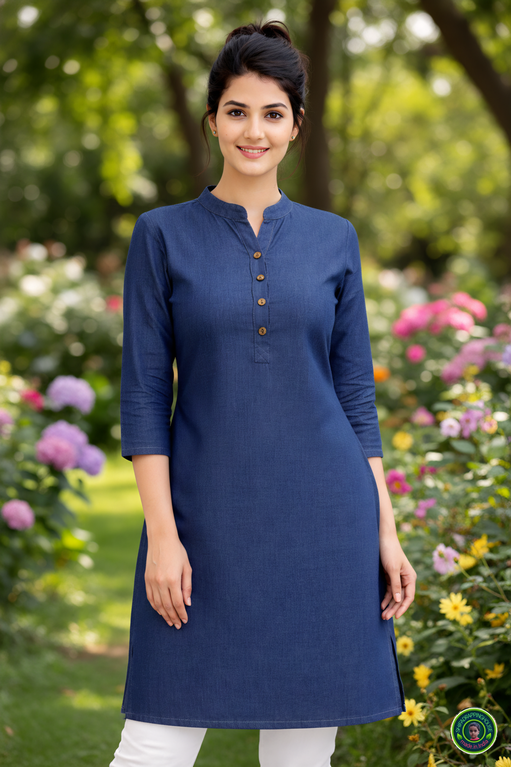 Midnight Navy Soft-Denim State-Cut Tunic | Minimalist Mandarin Collar Kurta