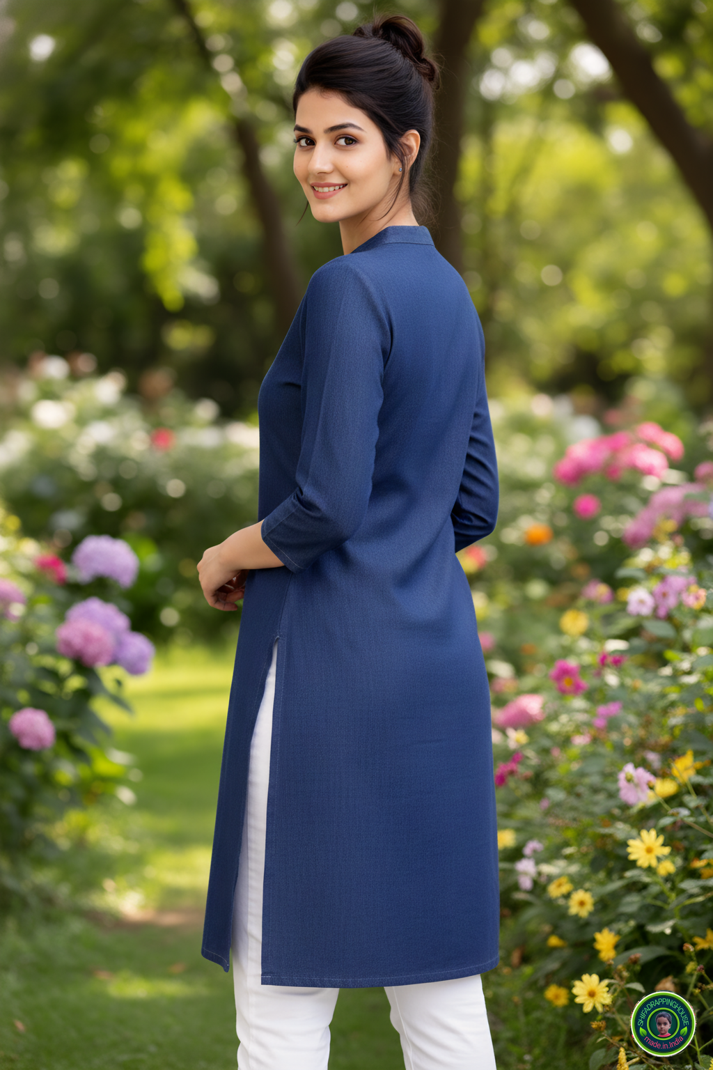 Midnight Navy Soft-Denim State-Cut Tunic | Minimalist Mandarin Collar Kurta