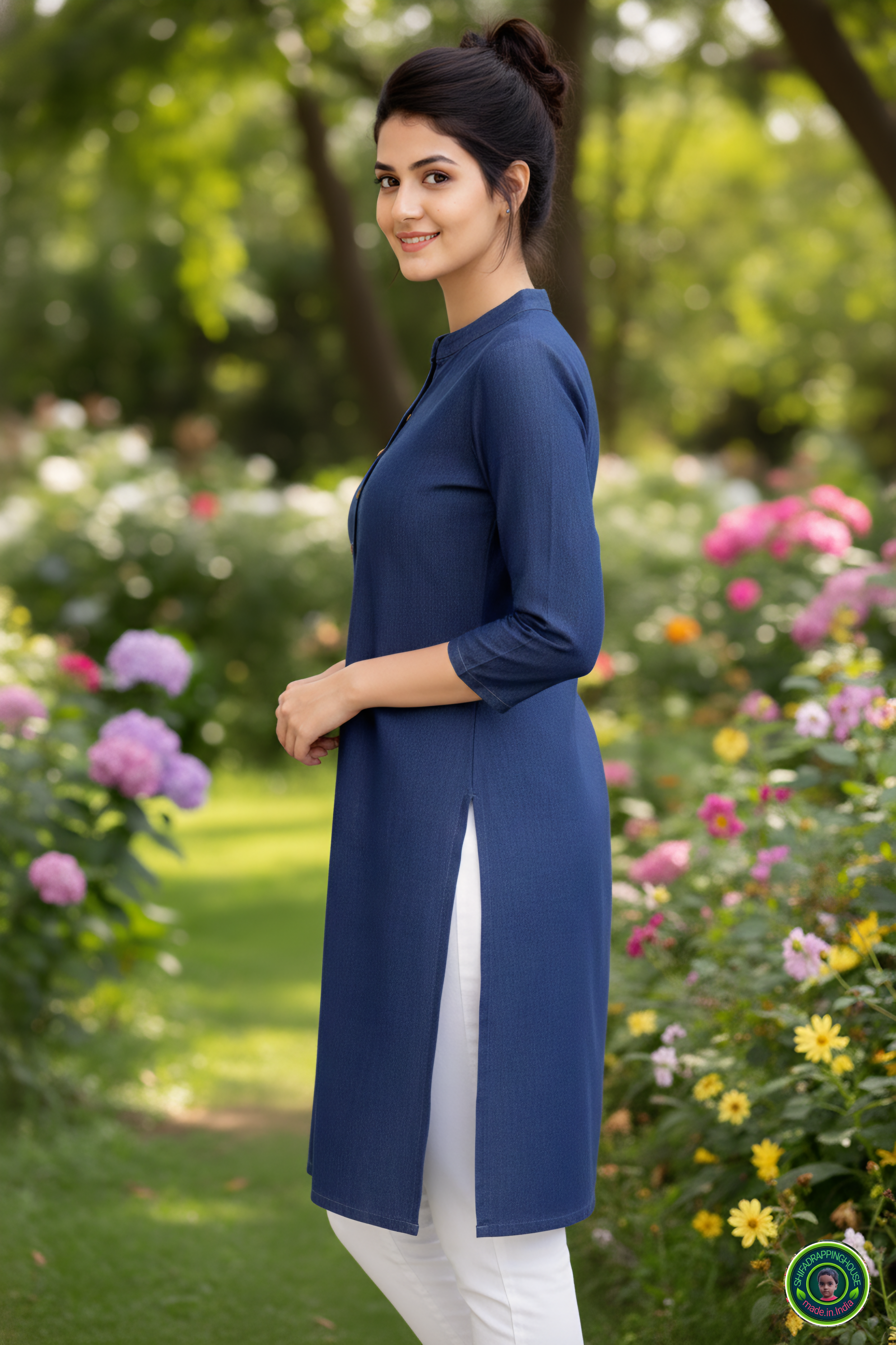 Midnight Navy Soft-Denim State-Cut Tunic | Minimalist Mandarin Collar Kurta