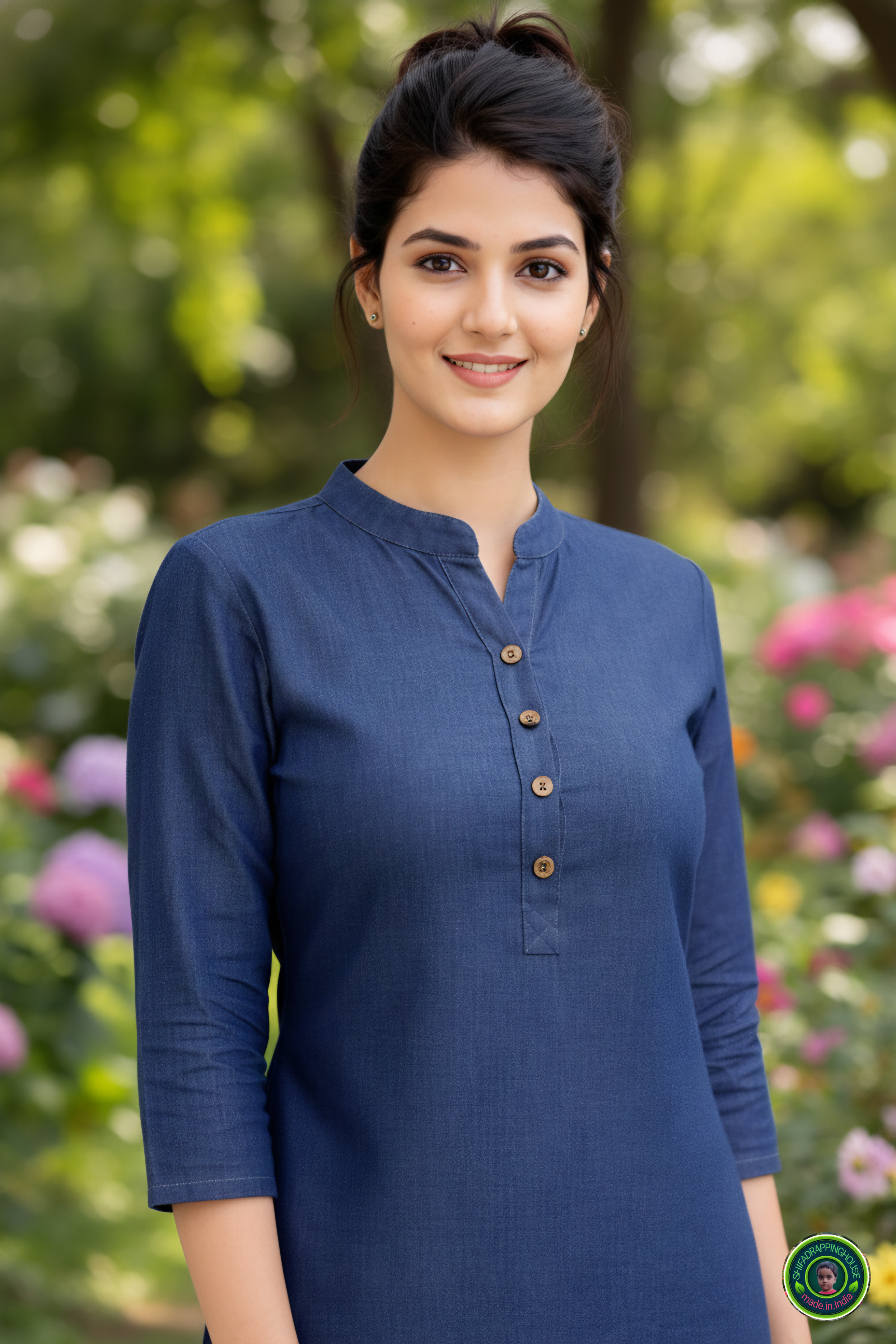 Midnight Navy Soft-Denim State-Cut Tunic | Minimalist Mandarin Collar Kurta