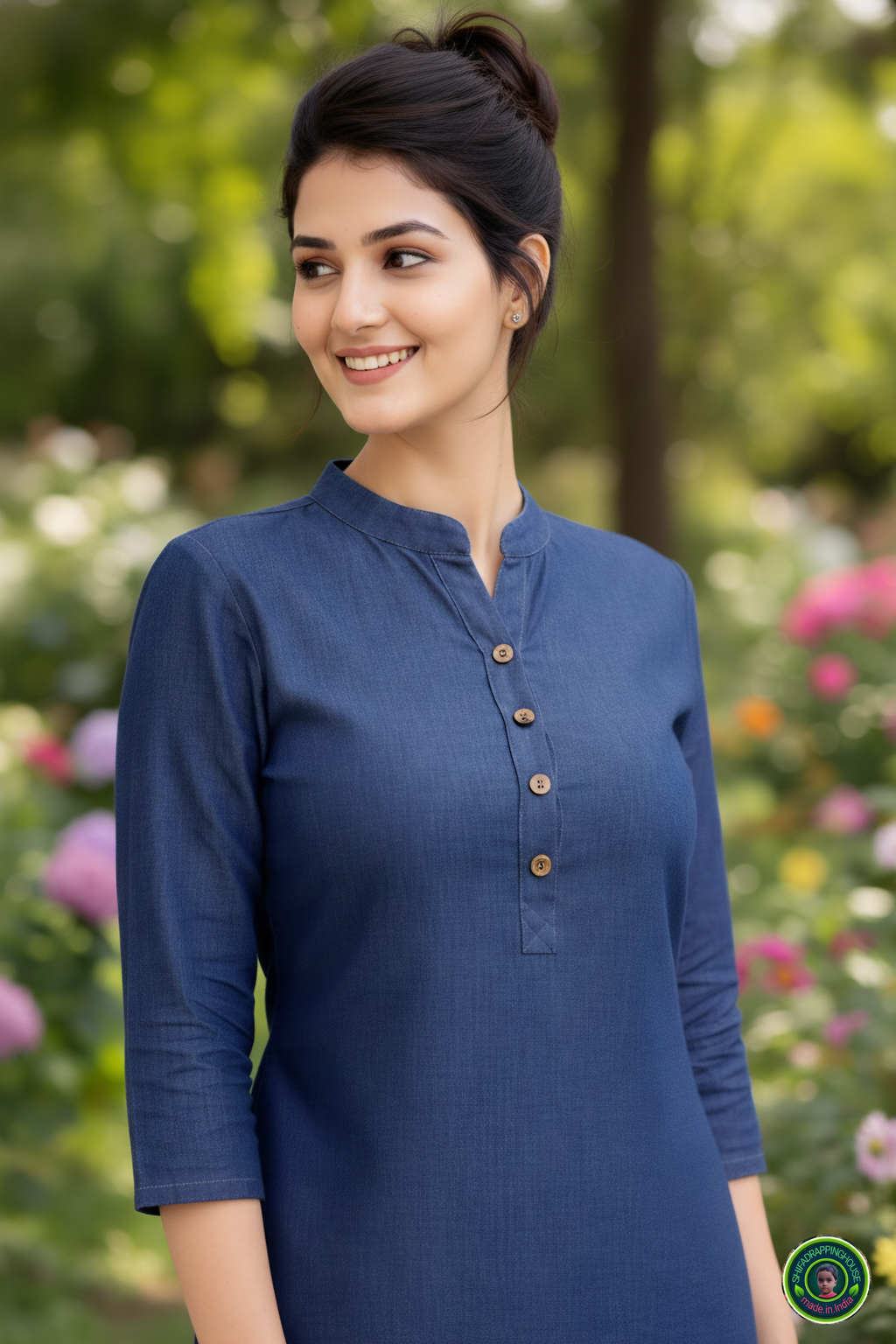 Midnight Navy Soft-Denim State-Cut Tunic | Minimalist Mandarin Collar Kurta