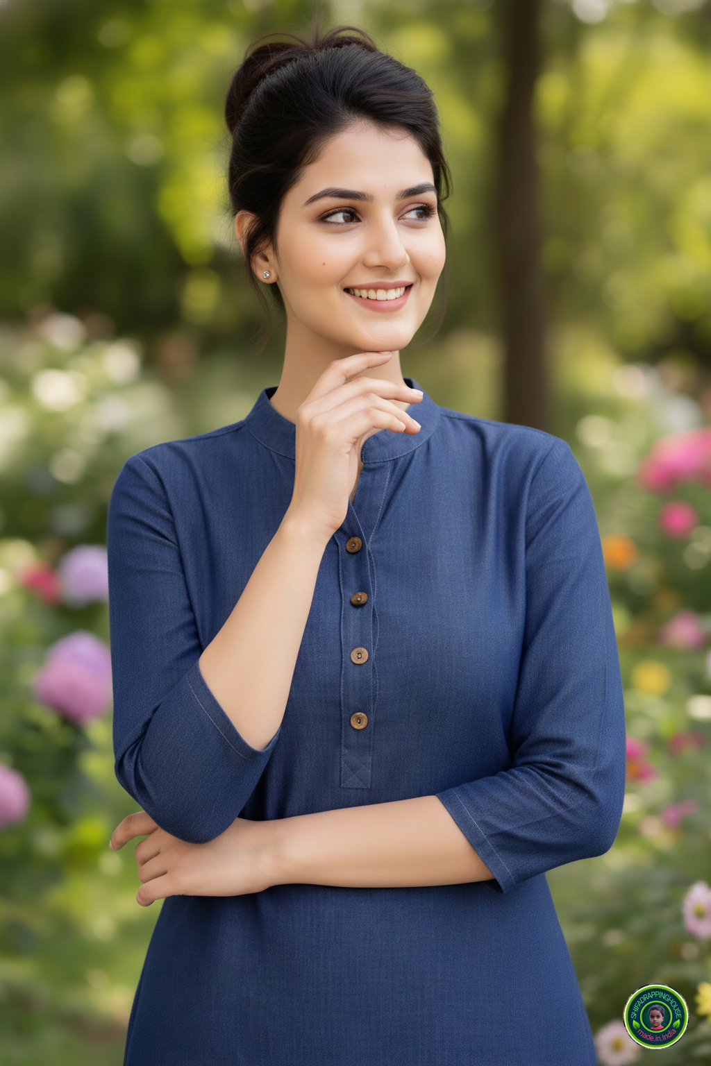 Midnight Navy Soft-Denim State-Cut Tunic | Minimalist Mandarin Collar Kurta