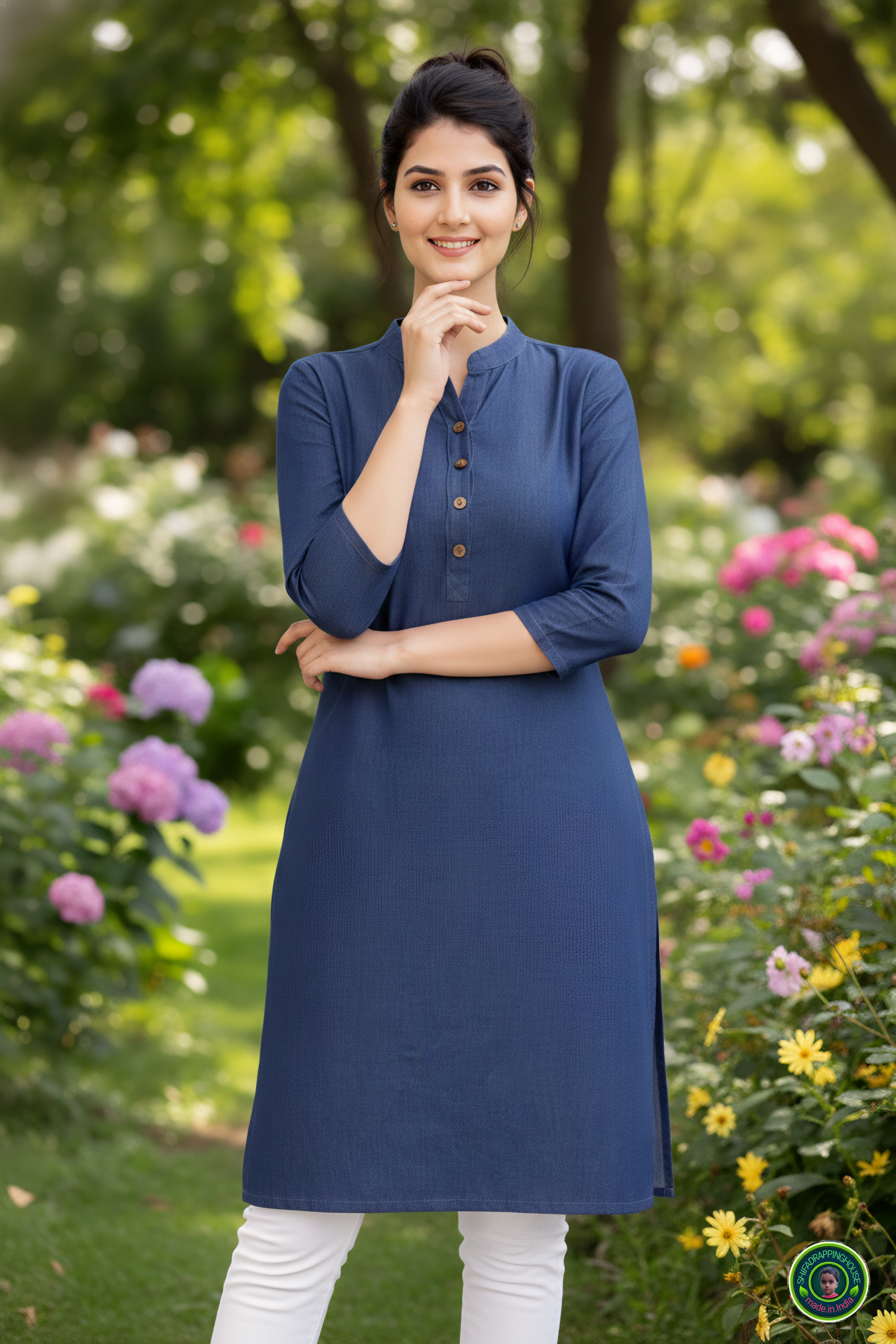 Midnight Navy Soft-Denim State-Cut Tunic | Minimalist Mandarin Collar Kurta