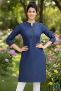 Midnight Navy Soft-Denim State-Cut Tunic | Minimalist Mandarin Collar Kurta