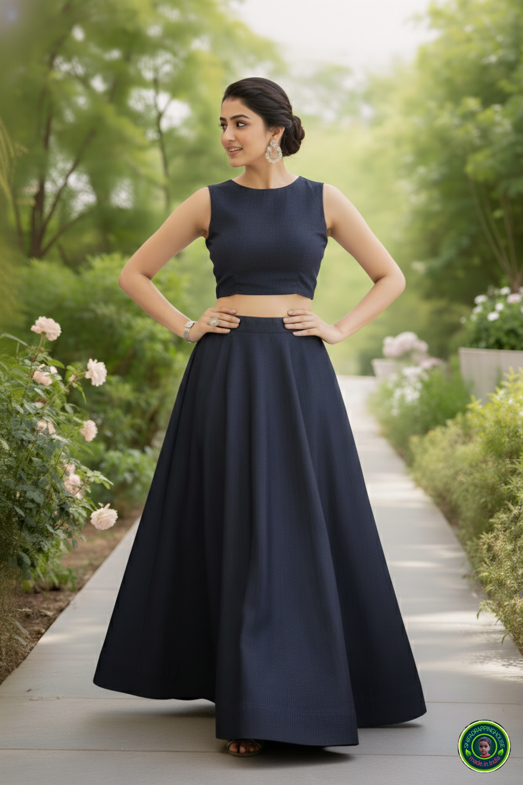 Royal Navy Soft-Denim Lehenga Set | Luxury Cross-Flare Skirt & Padded Boat-Neck Blouse
