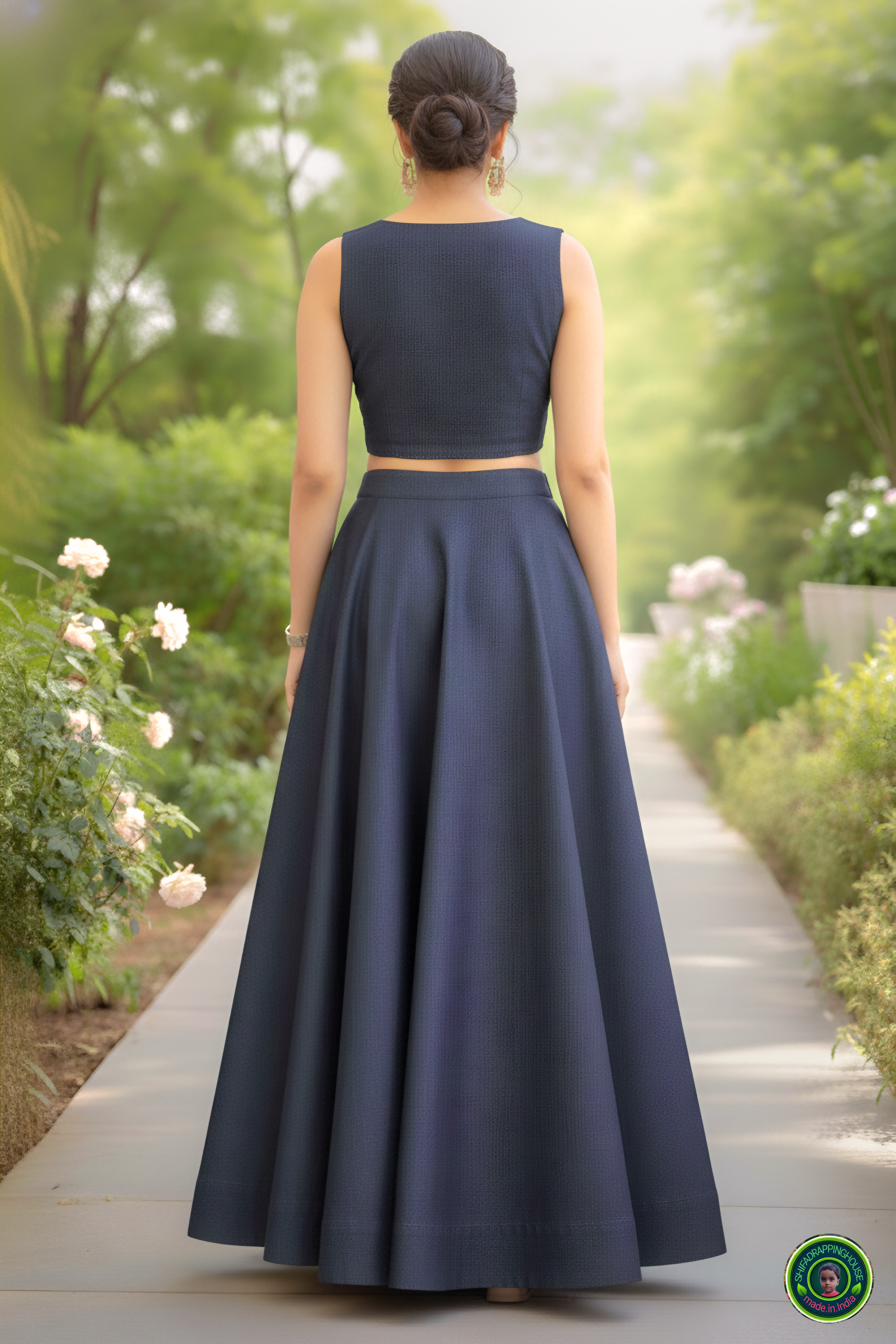 Royal Navy Soft-Denim Lehenga Set | Luxury Cross-Flare Skirt & Padded Boat-Neck Blouse