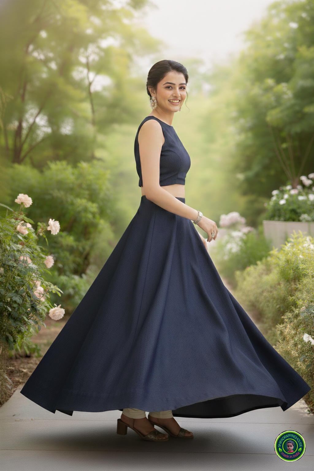 Royal Navy Soft-Denim Lehenga Set | Luxury Cross-Flare Skirt & Padded Boat-Neck Blouse