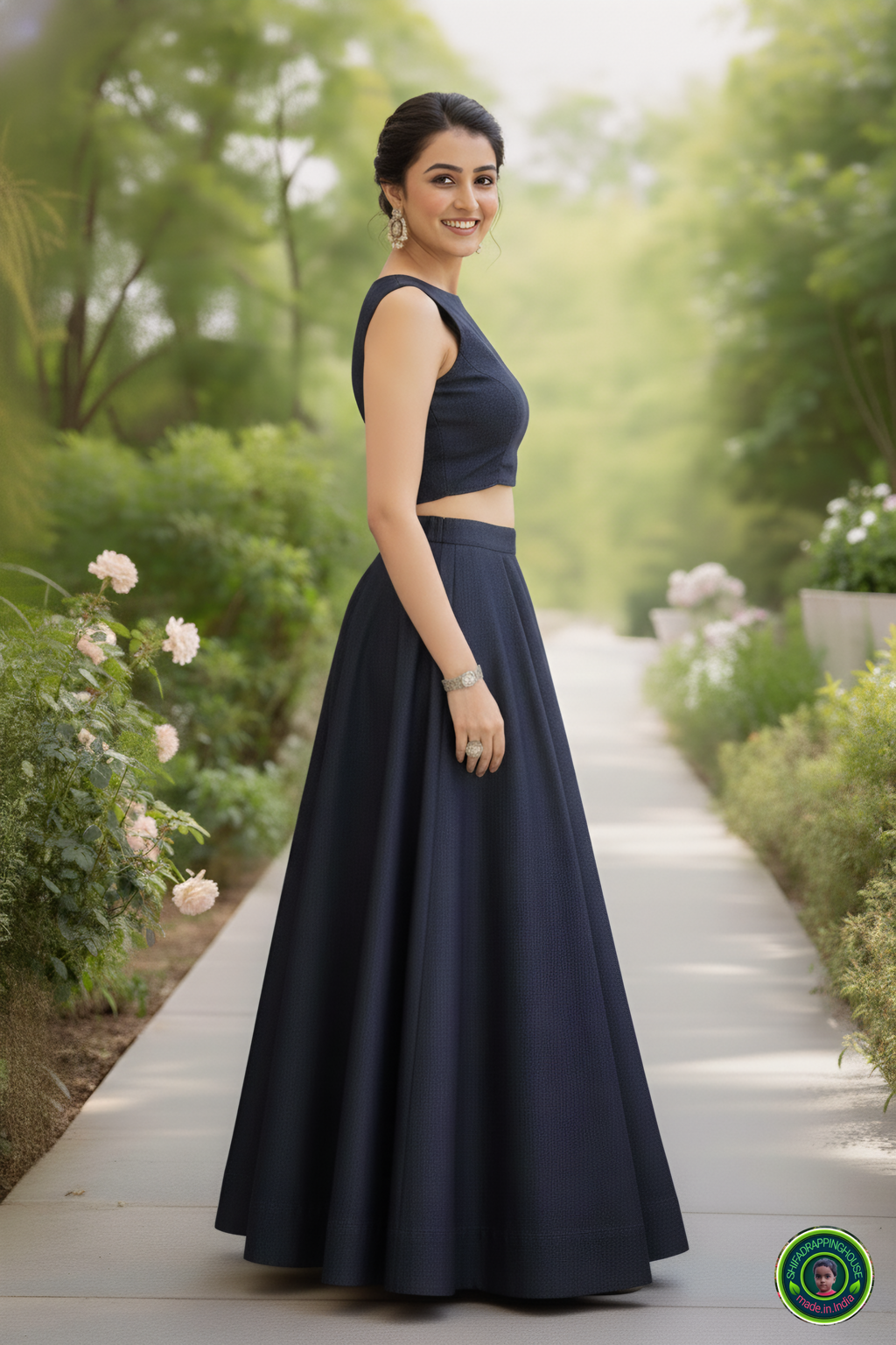 Royal Navy Soft-Denim Lehenga Set | Luxury Cross-Flare Skirt & Padded Boat-Neck Blouse