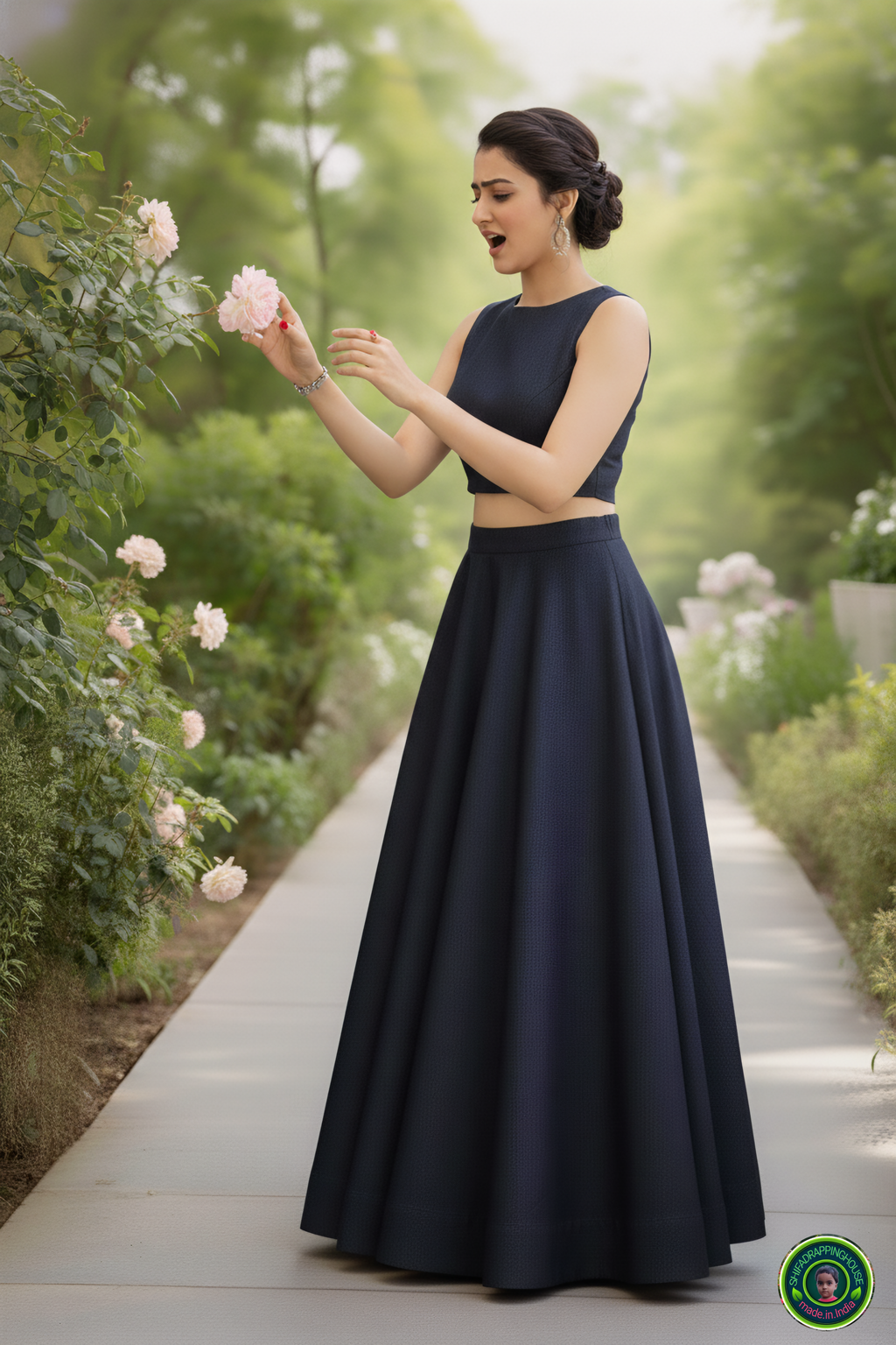 Royal Navy Soft-Denim Lehenga Set | Luxury Cross-Flare Skirt & Padded Boat-Neck Blouse