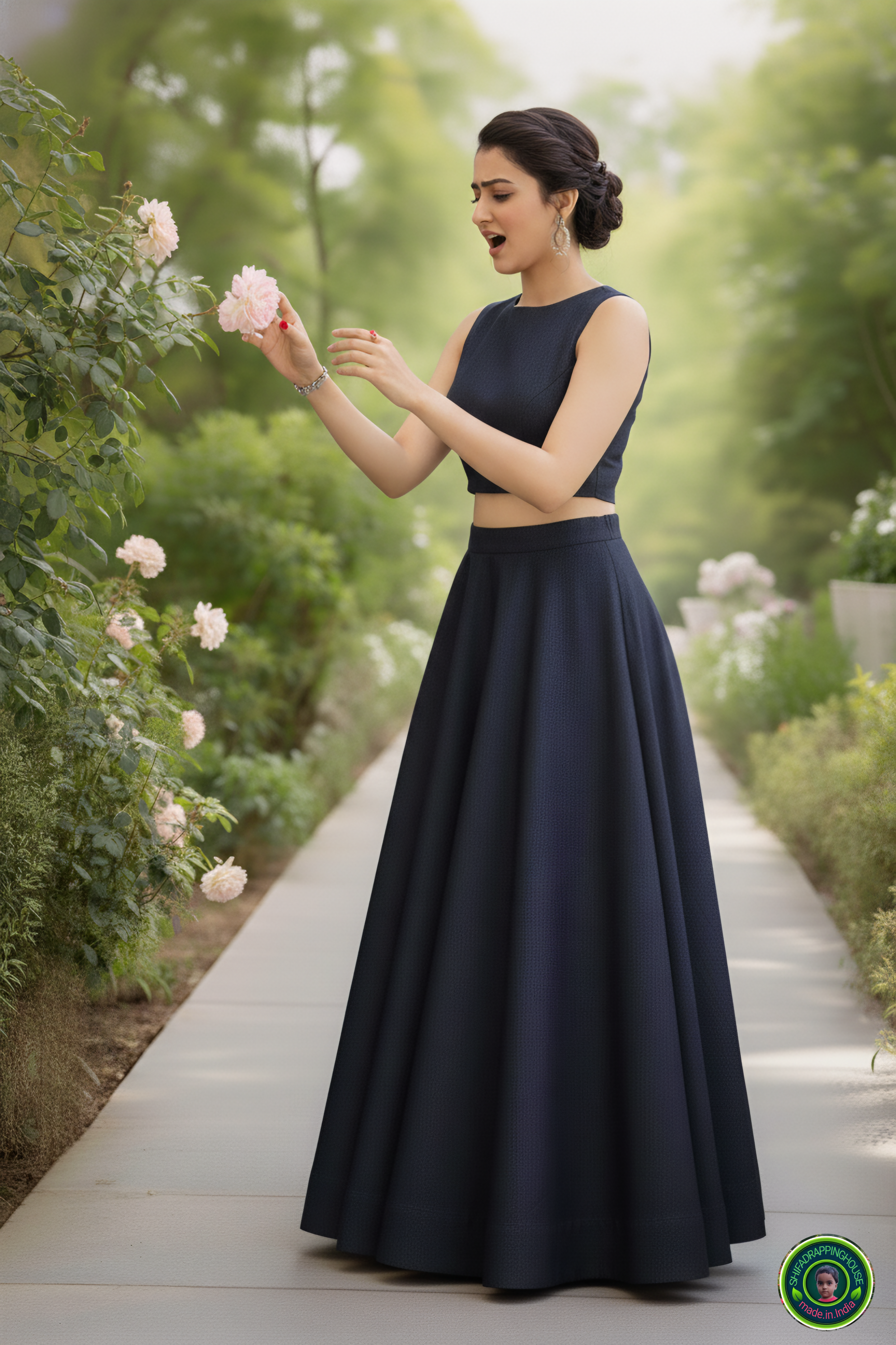 Royal Navy Soft-Denim Lehenga Set | Luxury Cross-Flare Skirt & Padded Boat-Neck Blouse