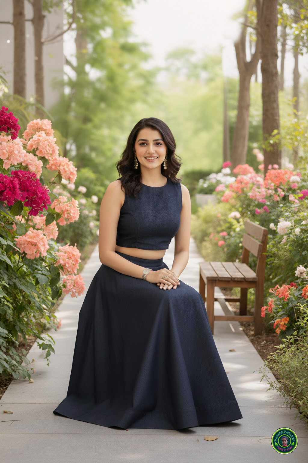 Royal Navy Soft-Denim Lehenga Set | Luxury Cross-Flare Skirt & Padded Boat-Neck Blouse