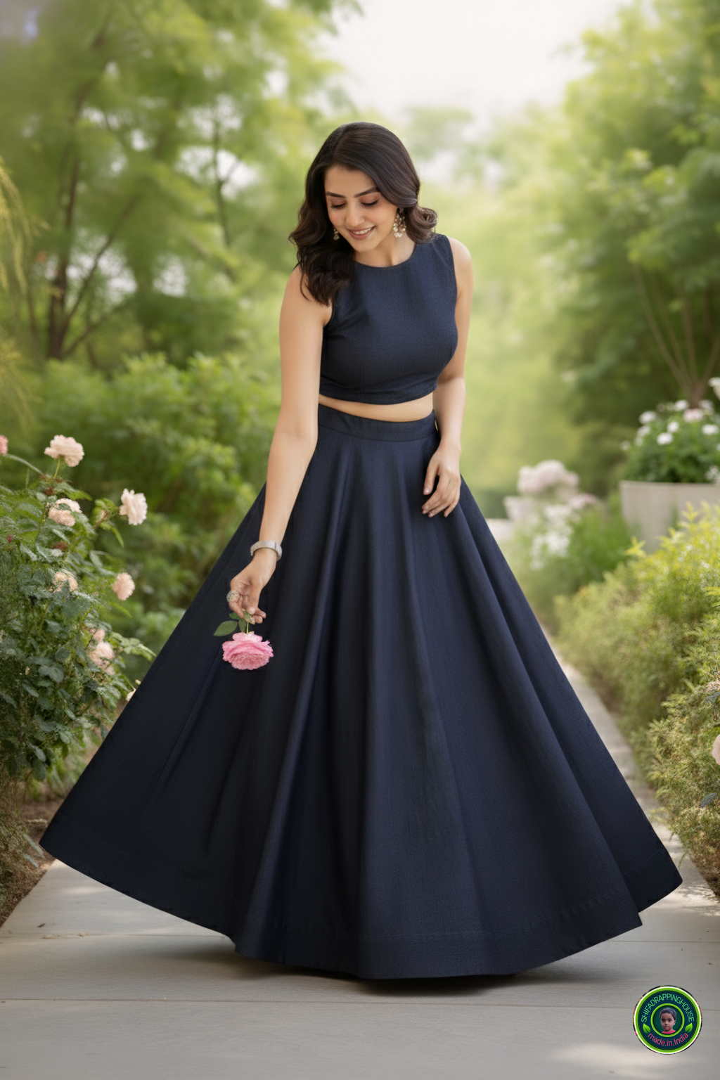 Royal Navy Soft-Denim Lehenga Set | Luxury Cross-Flare Skirt & Padded Boat-Neck Blouse