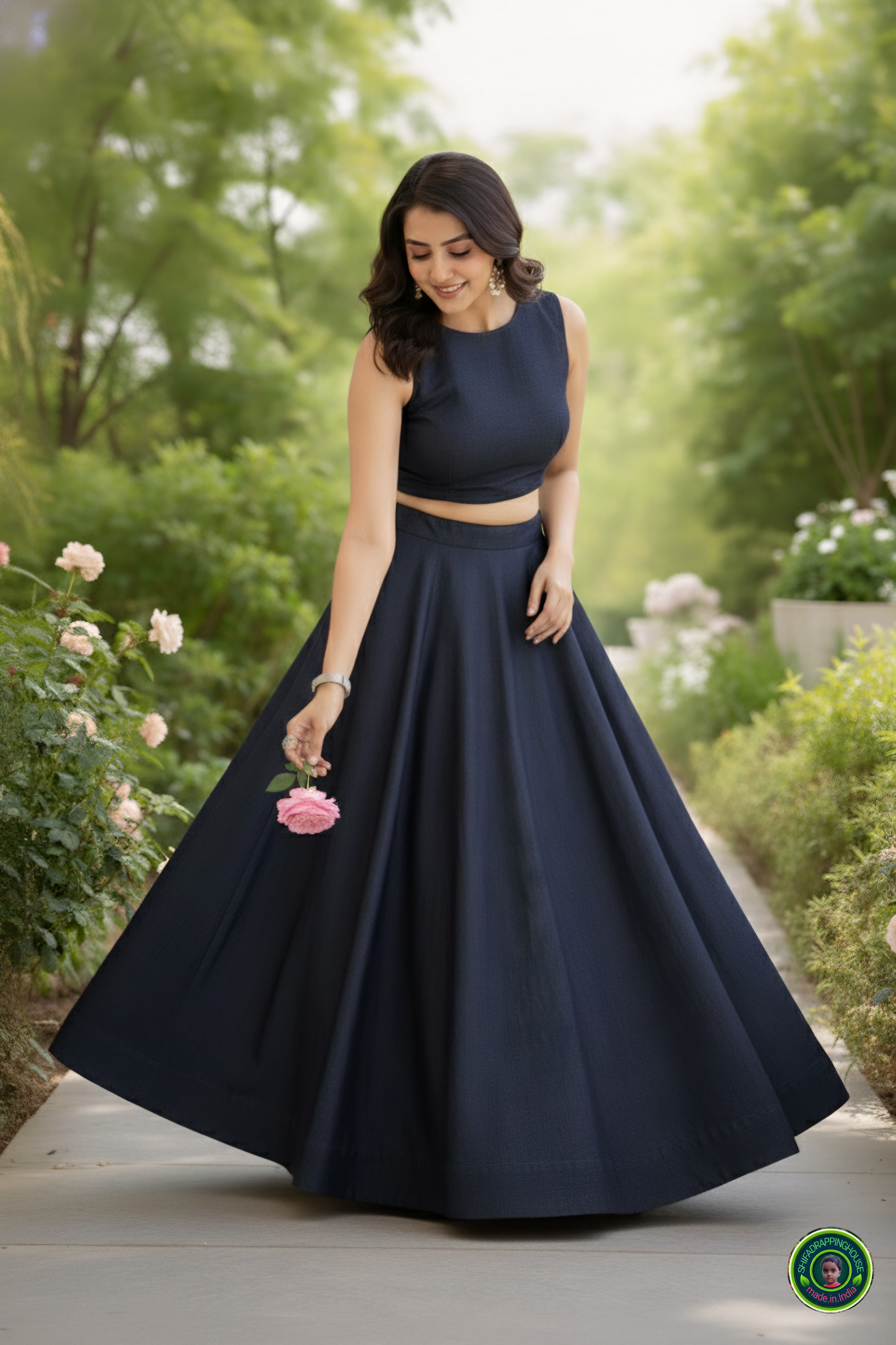 Royal Navy Soft-Denim Lehenga Set | Luxury Cross-Flare Skirt & Padded Boat-Neck Blouse
