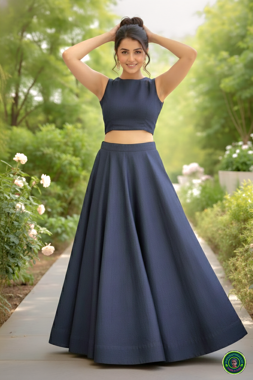 Royal Navy Soft-Denim Lehenga Set | Luxury Cross-Flare Skirt & Padded Boat-Neck Blouse