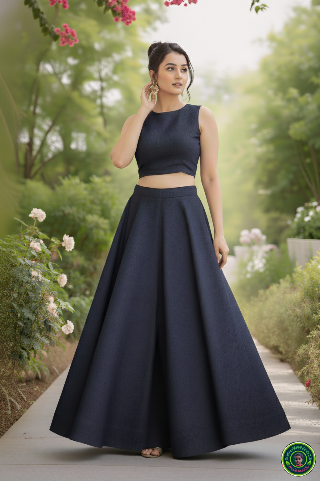 Royal Navy Soft-Denim Lehenga Set | Luxury Cross-Flare Skirt & Padded Boat-Neck Blouse