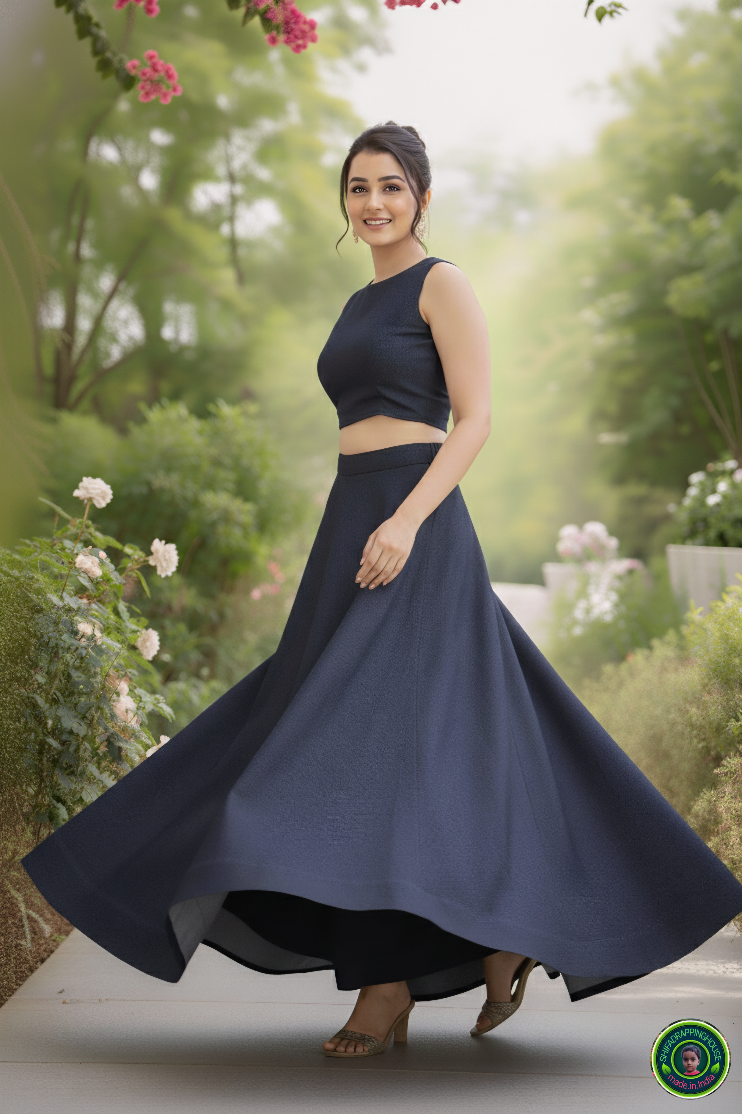 Royal Navy Soft-Denim Lehenga Set | Luxury Cross-Flare Skirt & Padded Boat-Neck Blouse