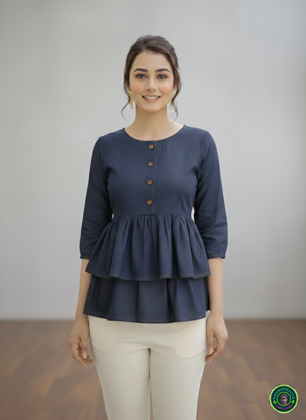 Midnight Navy Double-Layer Tunic | Gathered Soft-Denim Top with Wooden Accents