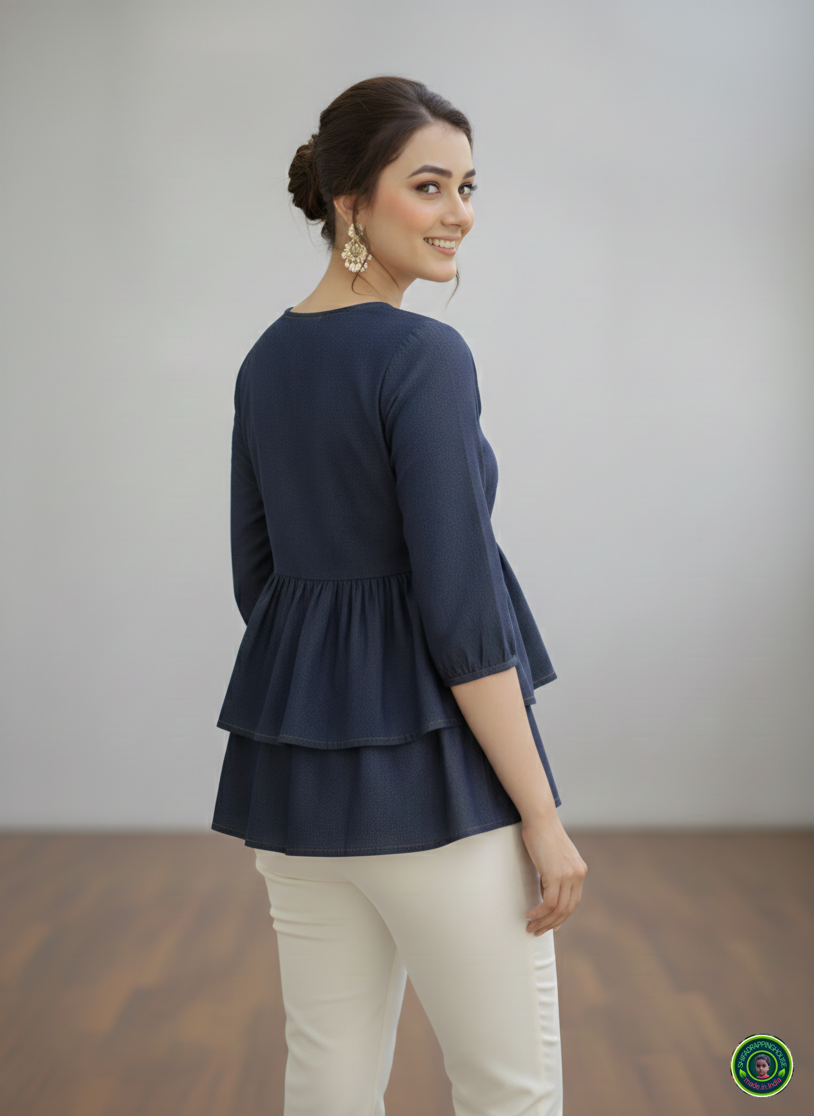 Midnight Navy Double-Layer Tunic | Gathered Soft-Denim Top with Wooden Accents
