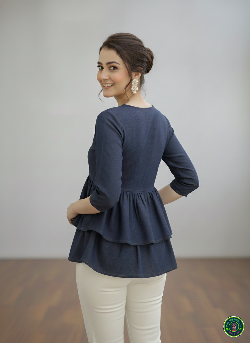 Midnight Navy Double-Layer Tunic | Gathered Soft-Denim Top with Wooden Accents