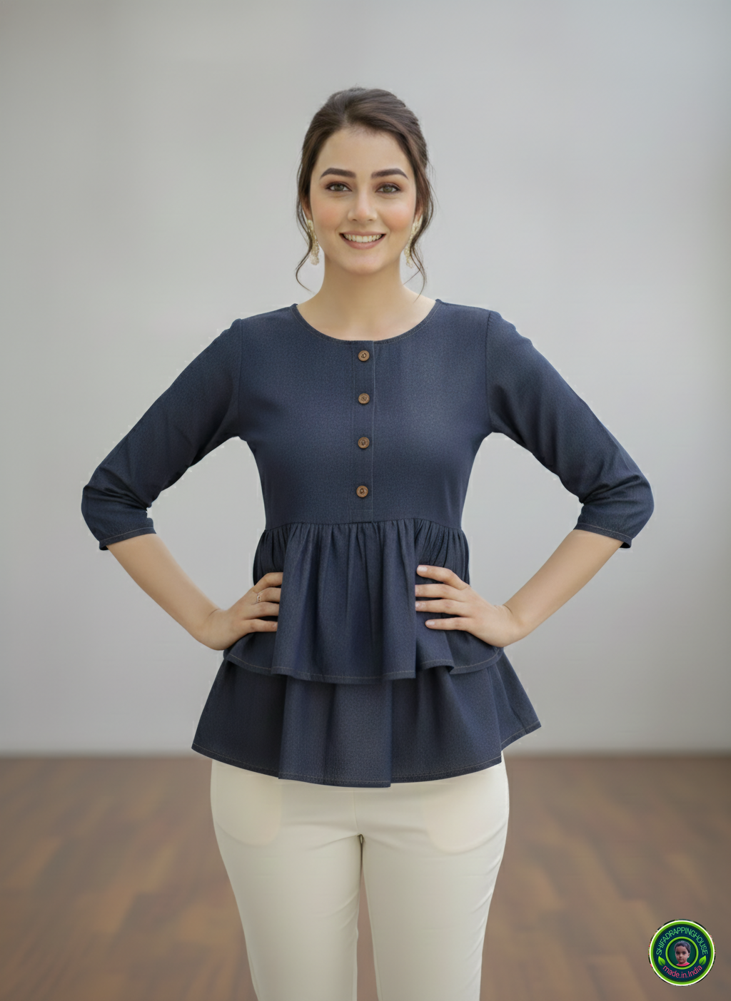 Midnight Navy Double-Layer Tunic | Gathered Soft-Denim Top with Wooden Accents