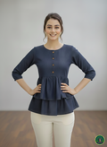 Midnight Navy Double-Layer Tunic | Gathered Soft-Denim Top with Wooden Accents
