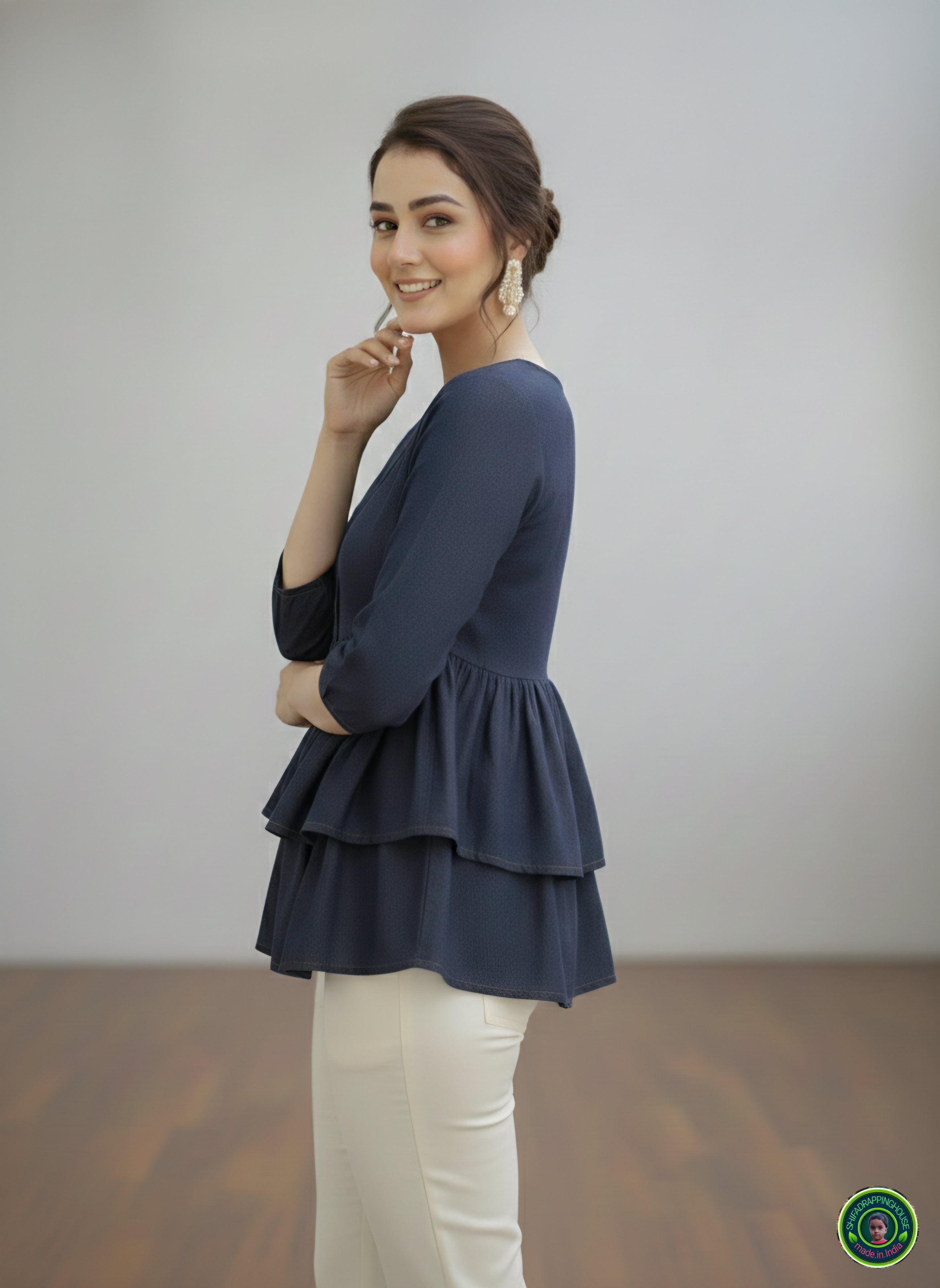 Midnight Navy Double-Layer Tunic | Gathered Soft-Denim Top with Wooden Accents