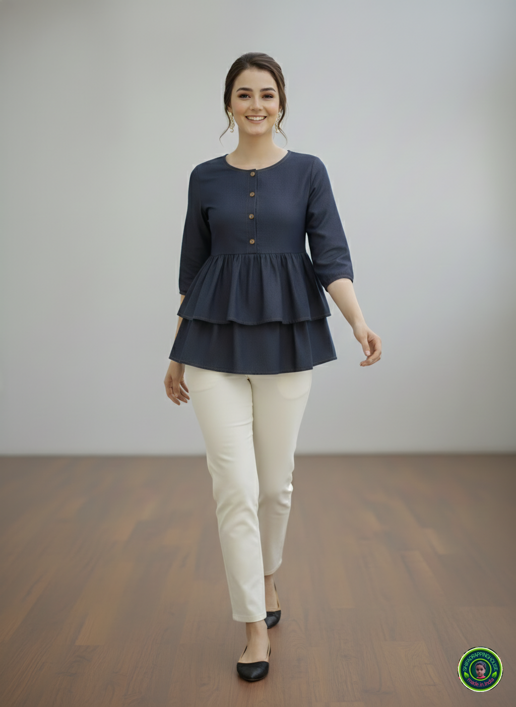 Midnight Navy Double-Layer Tunic | Gathered Soft-Denim Top with Wooden Accents