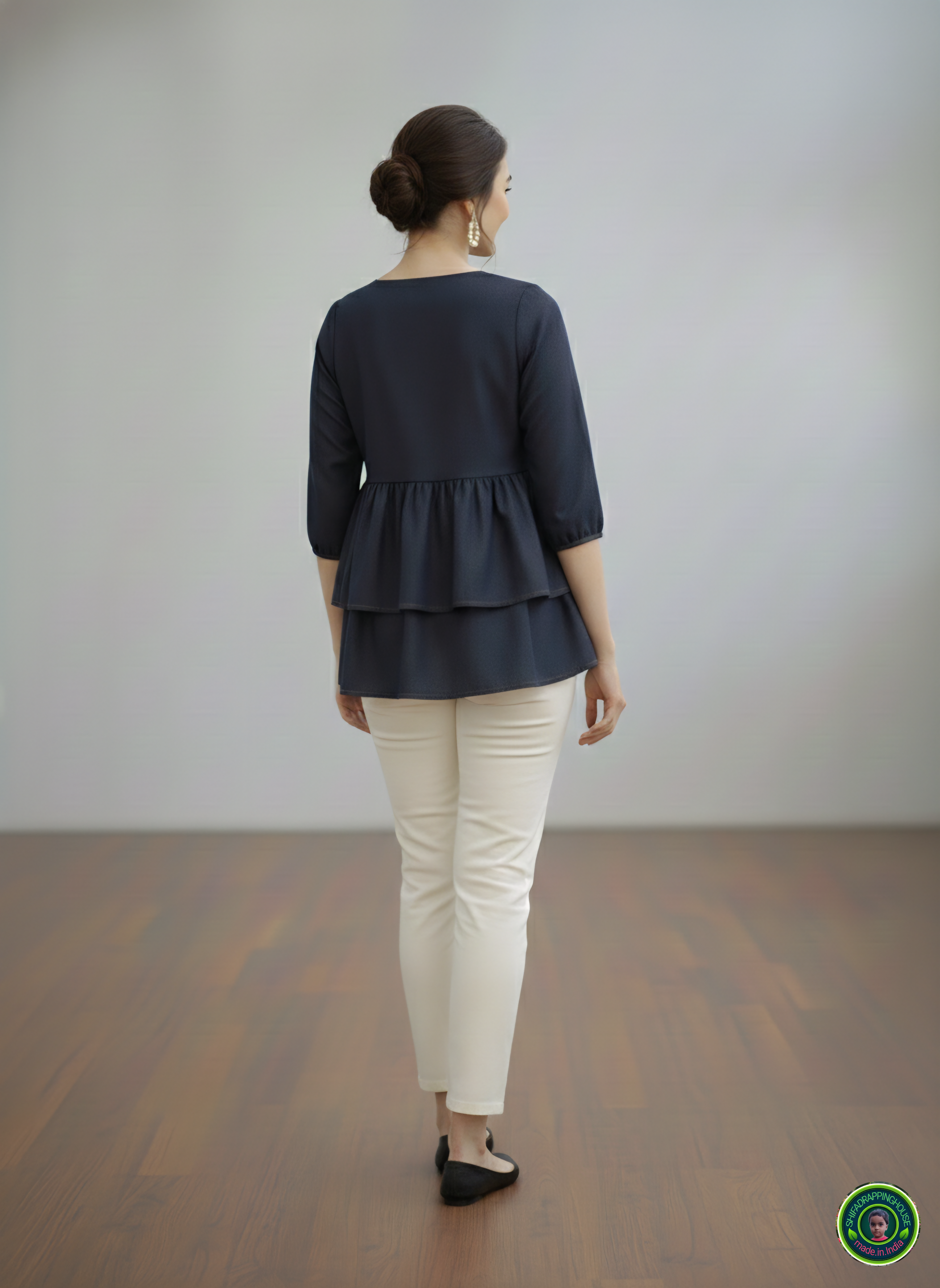 Midnight Navy Double-Layer Tunic | Gathered Soft-Denim Top with Wooden Accents