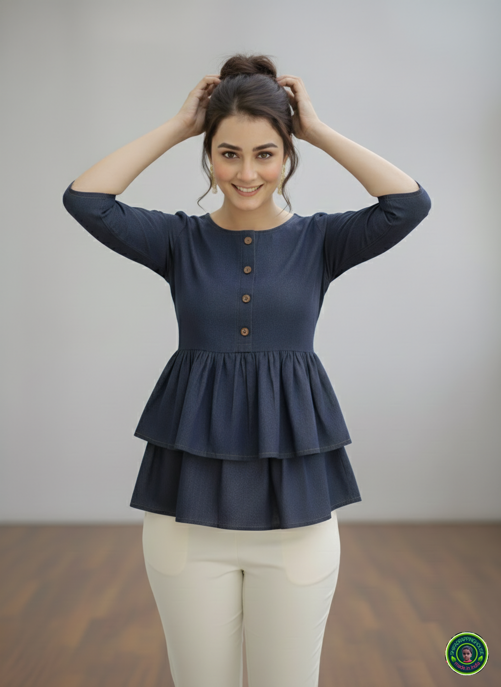 Midnight Navy Double-Layer Tunic | Gathered Soft-Denim Top with Wooden Accents