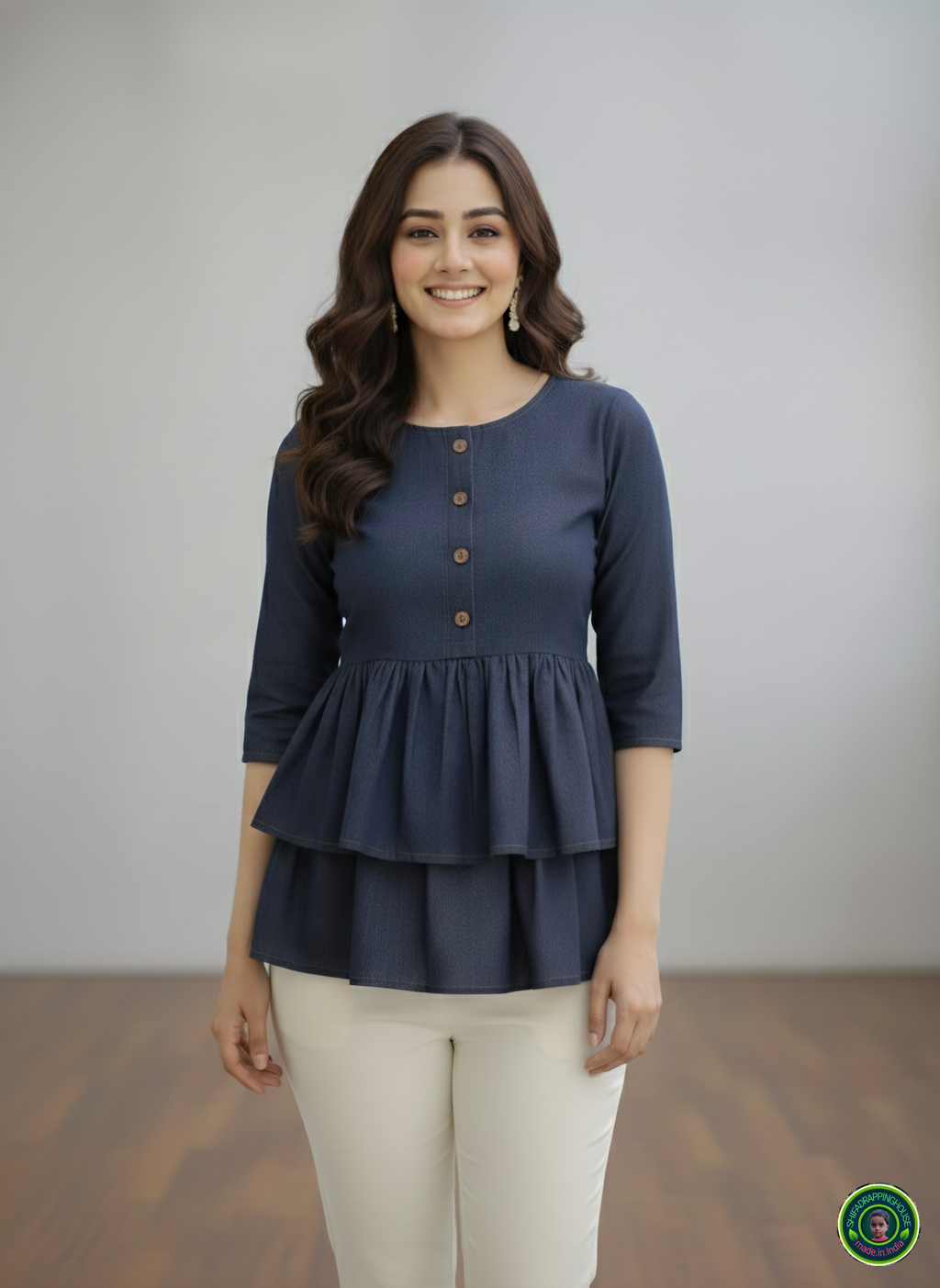 Midnight Navy Double-Layer Tunic | Gathered Soft-Denim Top with Wooden Accents