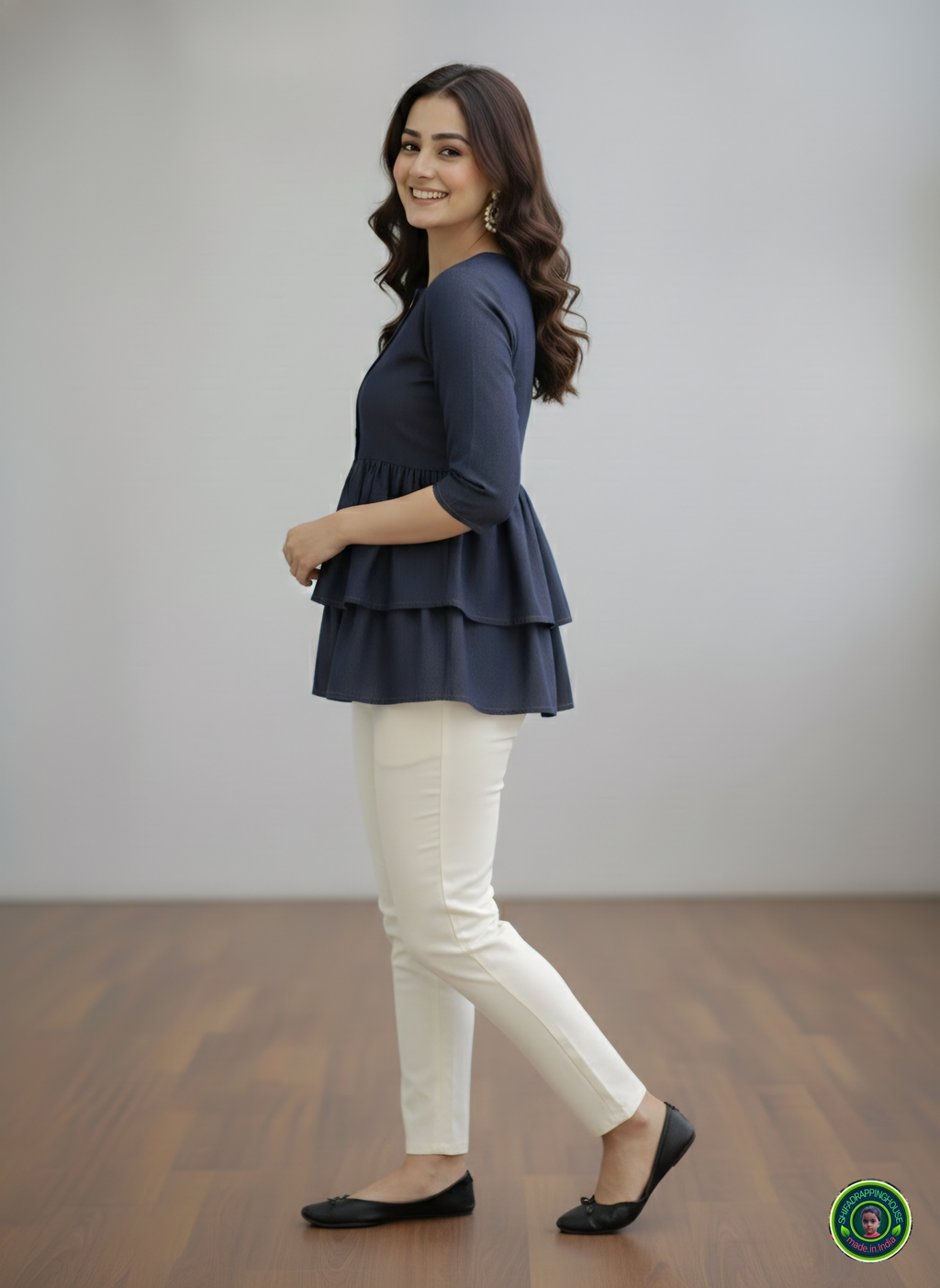 Midnight Navy Double-Layer Tunic | Gathered Soft-Denim Top with Wooden Accents