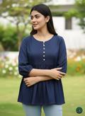 Midnight Navy Soft-Denim Empire Waist Top | Square Neck Gathered Tunic